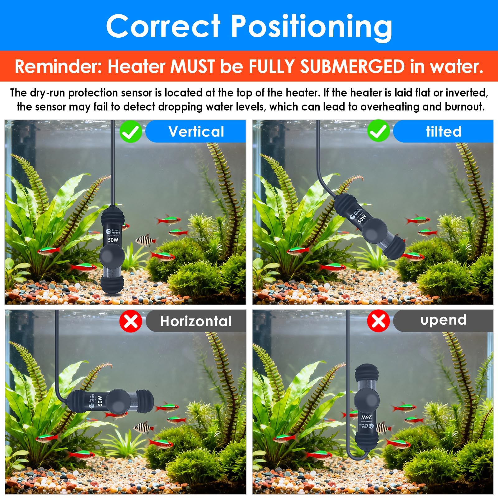 AquaMiracle AquaMiracle 50W Small Aquarium Heater with Dry-Run Protection and Dual LED Display for 5-10 Gallon Fish and Turtle Tanks - View 8 of 9