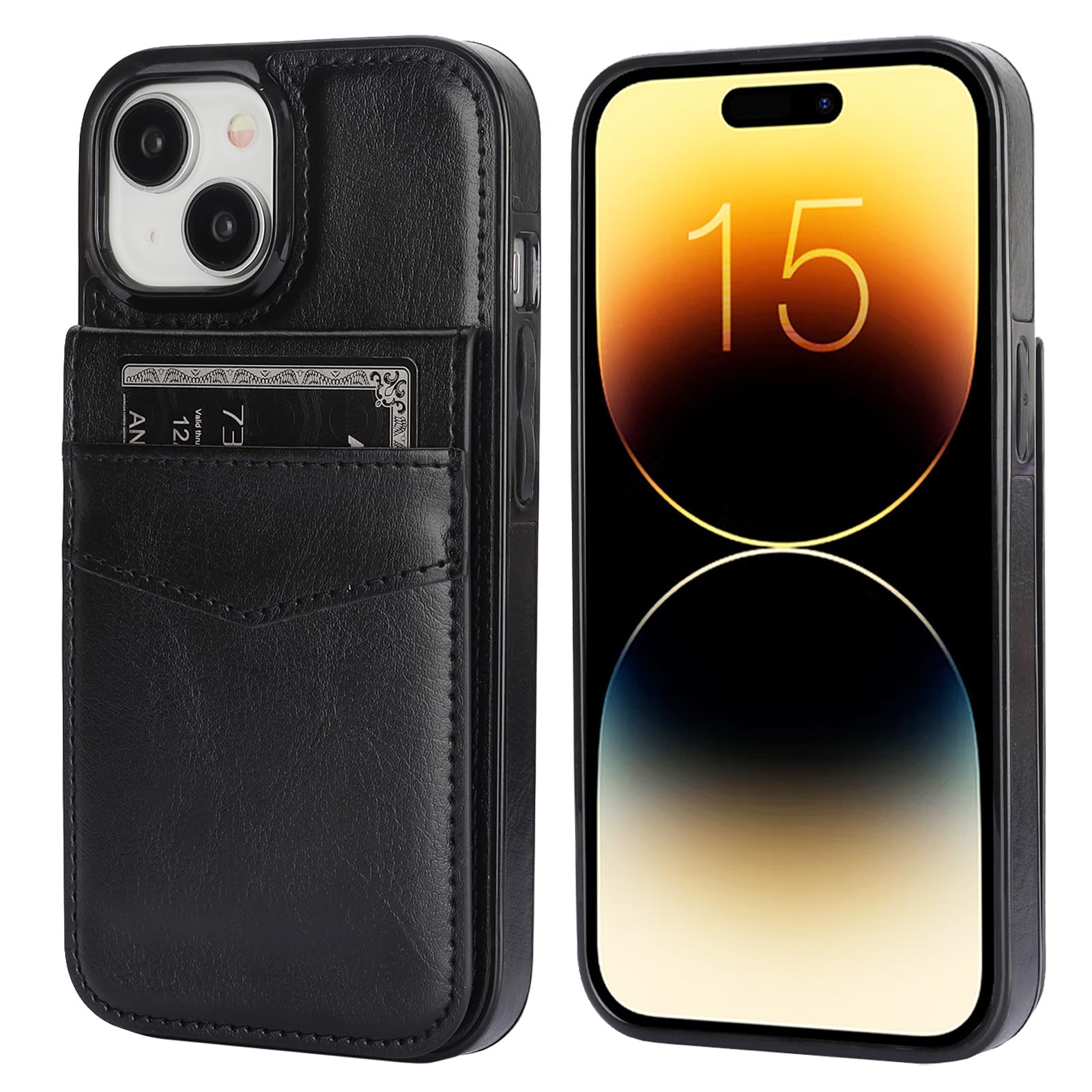 KIHUWEY KIHUWEY iPhone 15 Case Wallet with Credit Card Holder Premium Leather Magnetic Clasp Kickstand Heavy Duty Protective Cover Black - View 3 of 7