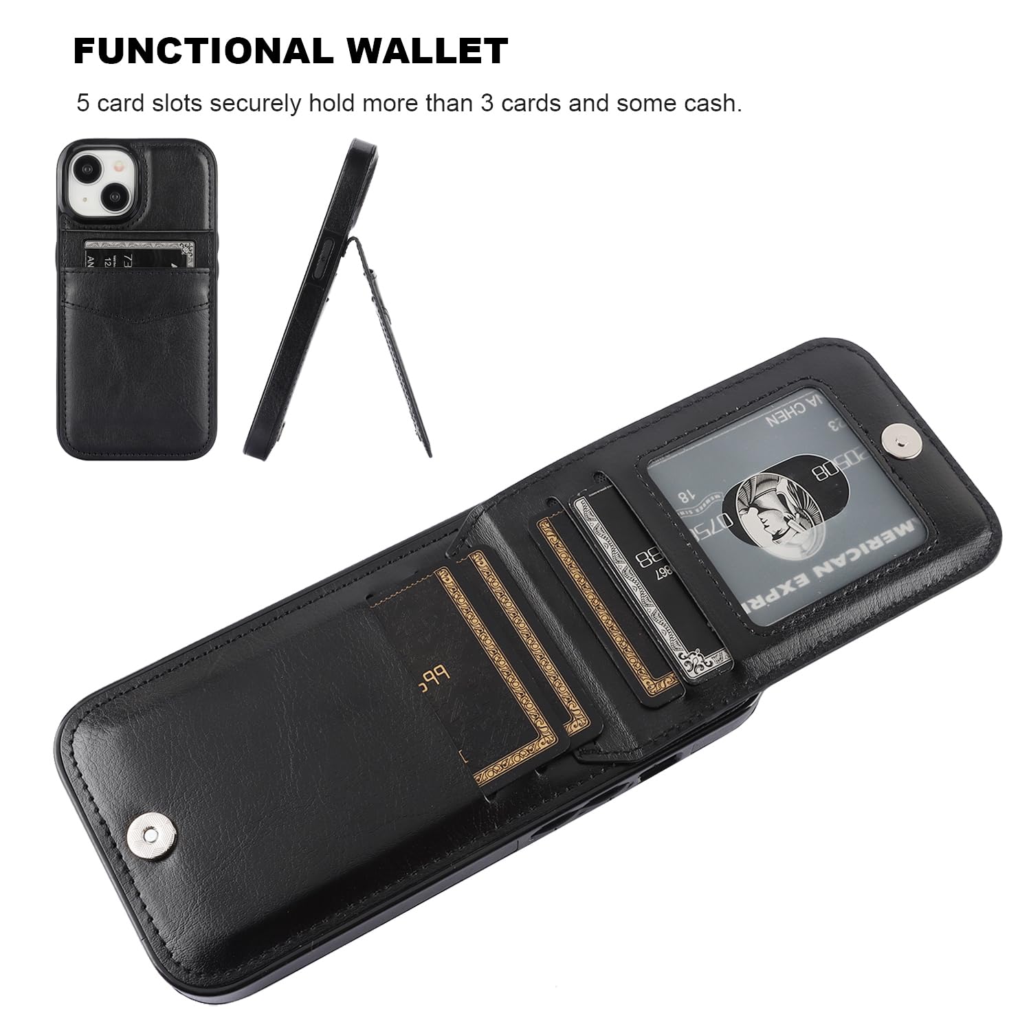 KIHUWEY KIHUWEY iPhone 15 Case Wallet with Credit Card Holder Premium Leather Magnetic Clasp Kickstand Heavy Duty Protective Cover Black - View 4 of 7