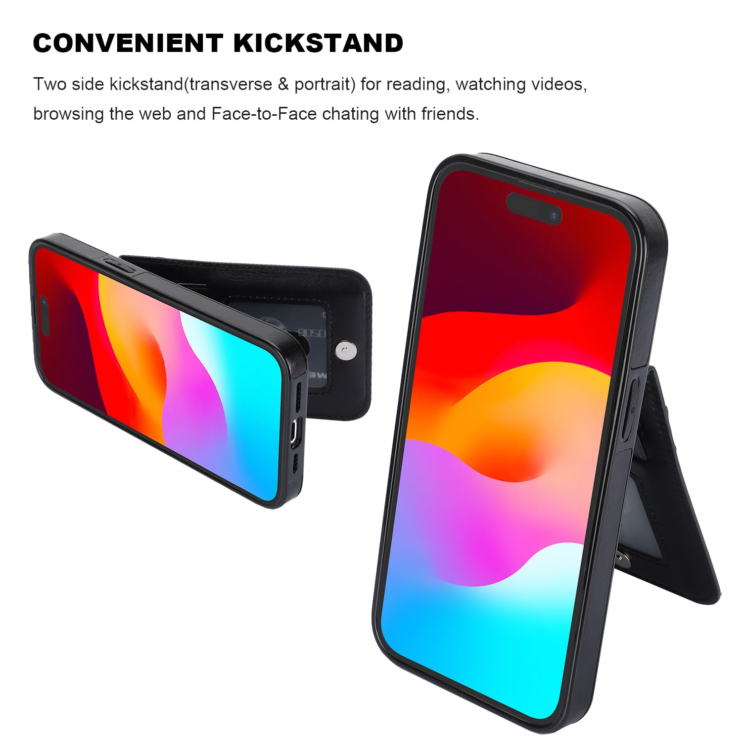 KIHUWEY KIHUWEY iPhone 15 Case Wallet with Credit Card Holder Premium Leather Magnetic Clasp Kickstand Heavy Duty Protective Cover Black - View 5 of 7