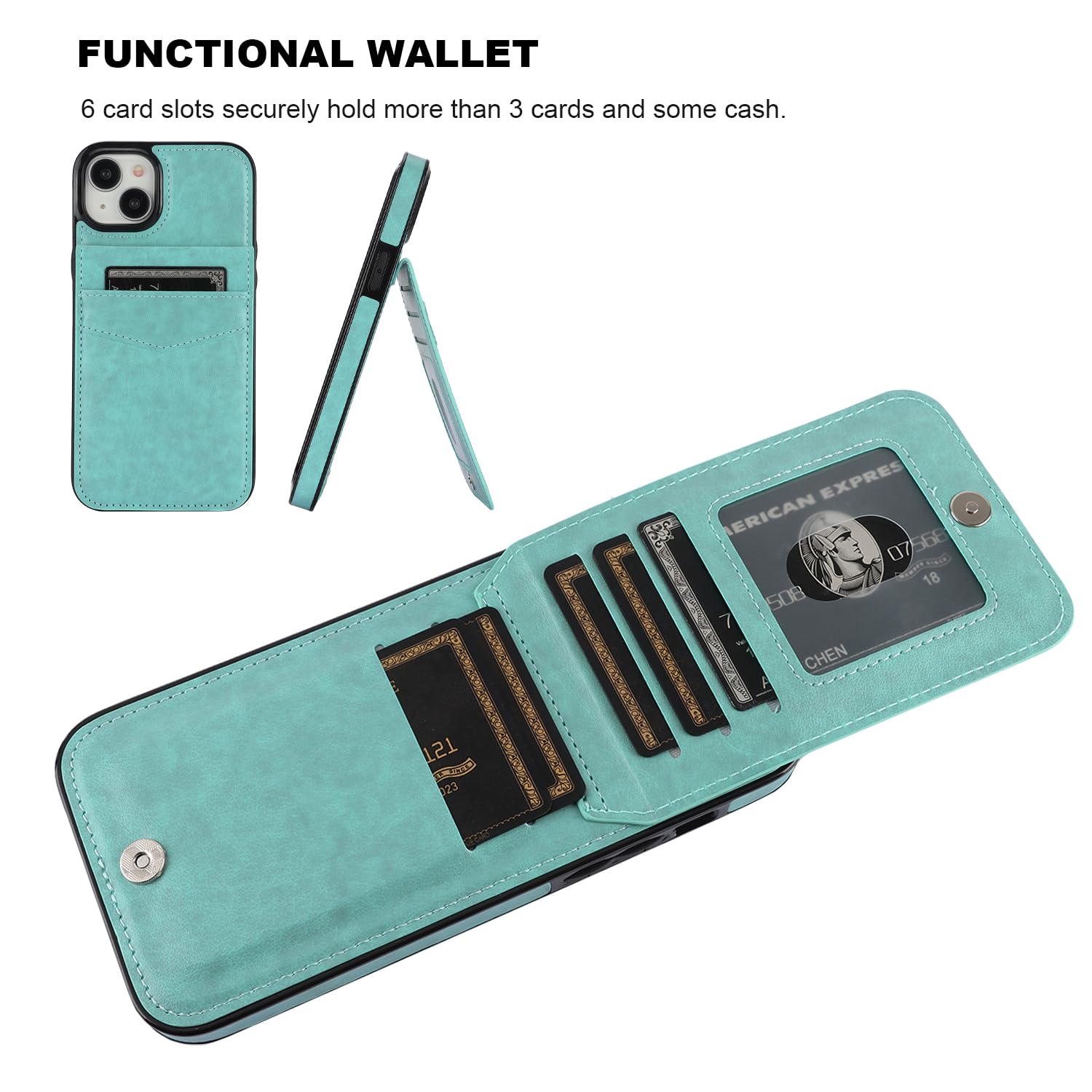 KIHUWEY KIHUWEY iPhone 15 Plus Case Wallet with Credit Card Holder Flip Leather Magnetic Clasp Heavy Duty Protective Cover Mint Green 6.7 Inch - View 4 of 7