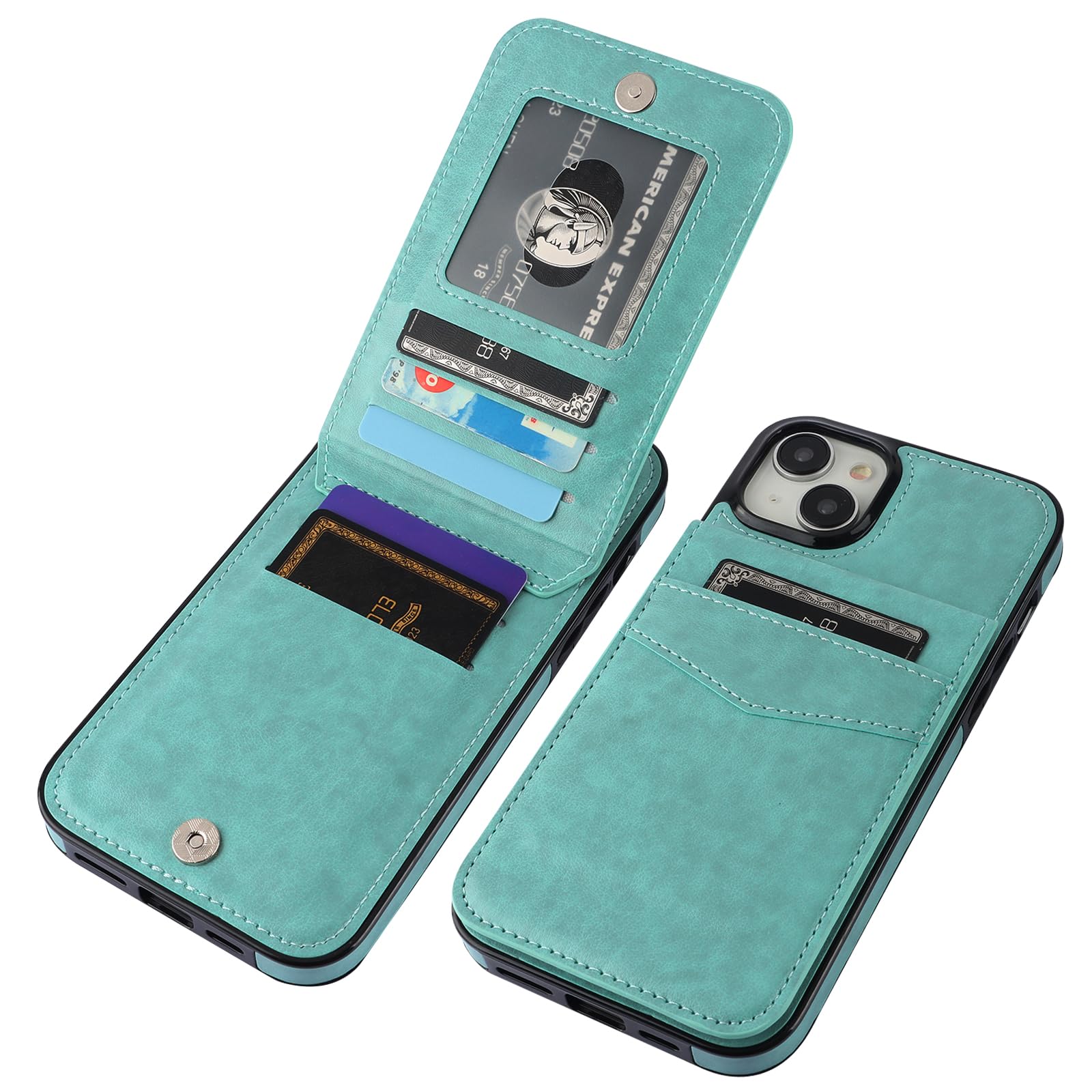 KIHUWEY iPhone 15 Plus Case Wallet with Credit Card Holder Flip Leather Magnetic Clasp Heavy Duty Protective Cover Mint Green 6.7 Inch