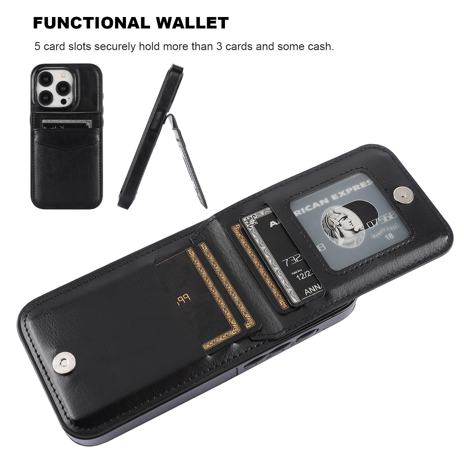 KIHUWEY KIHUWEY iPhone 15 Pro Case Wallet with Credit Card Holder Premium Leather Magnetic Clasp Kickstand Heavy Duty Protective Cover Black - View 4 of 9