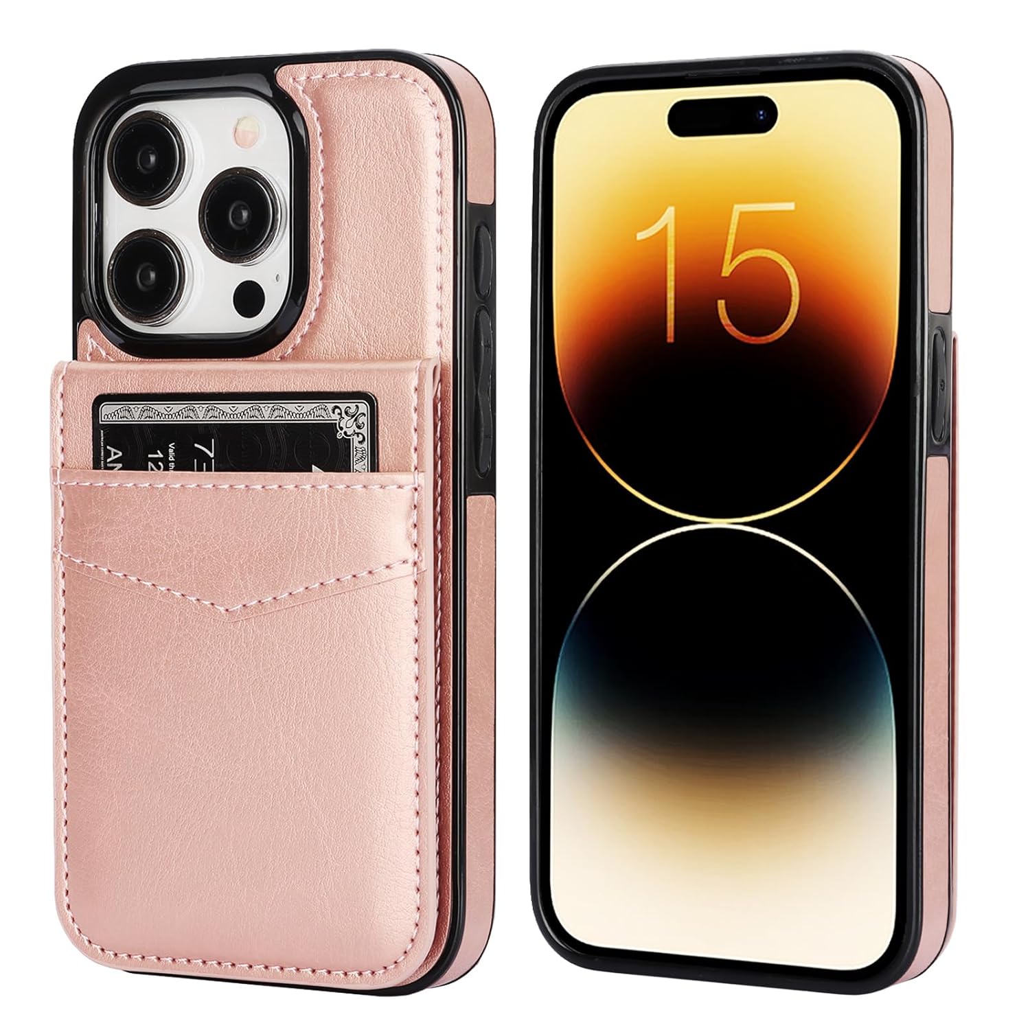 KIHUWEY KIHUWEY iPhone 15 Pro Case Wallet with Credit Card Holder Premium Leather Magnetic Clasp Kickstand Heavy Duty Protective Cover Rose Gold - View 3 of 9