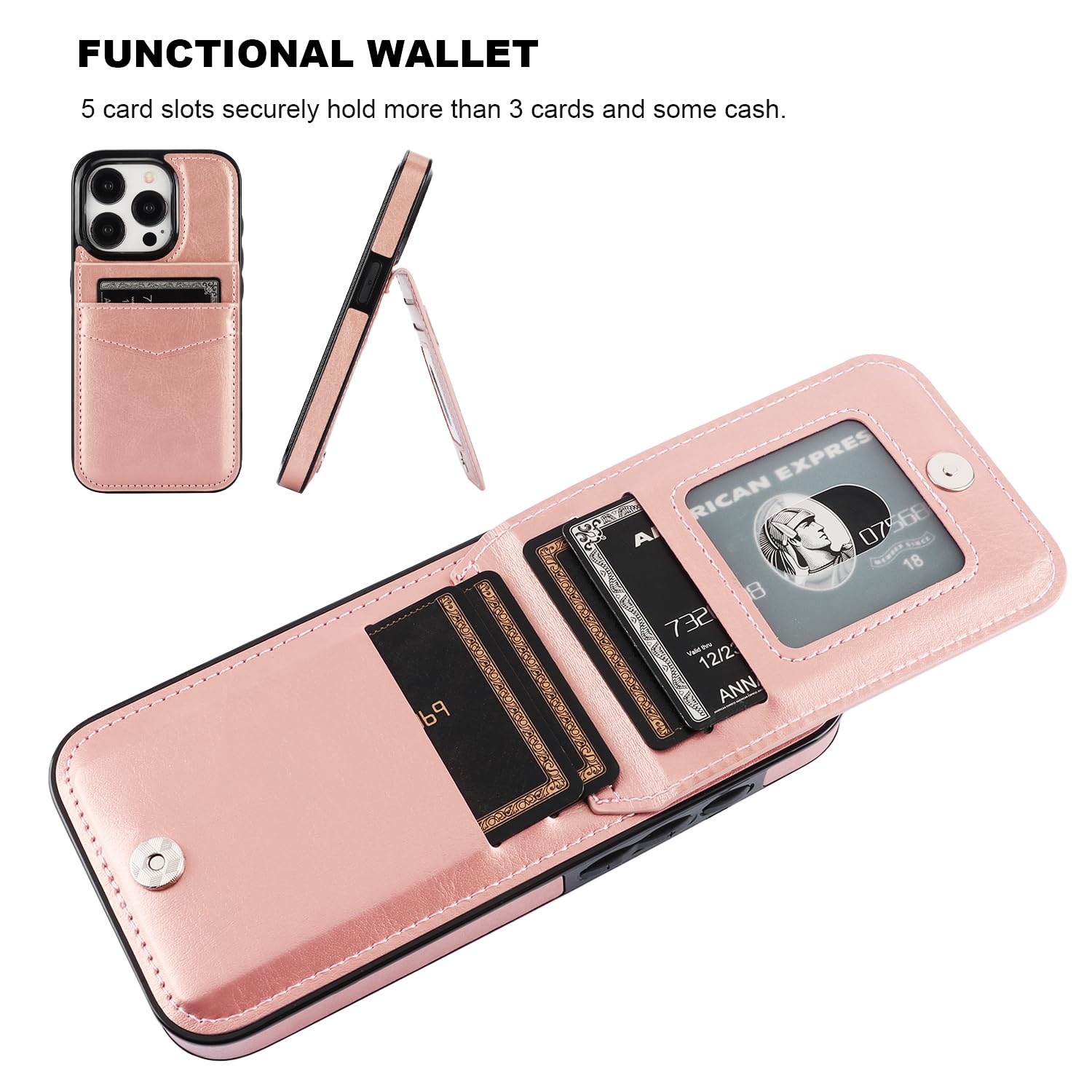 KIHUWEY KIHUWEY iPhone 15 Pro Case Wallet with Credit Card Holder Premium Leather Magnetic Clasp Kickstand Heavy Duty Protective Cover Rose Gold - View 4 of 9
