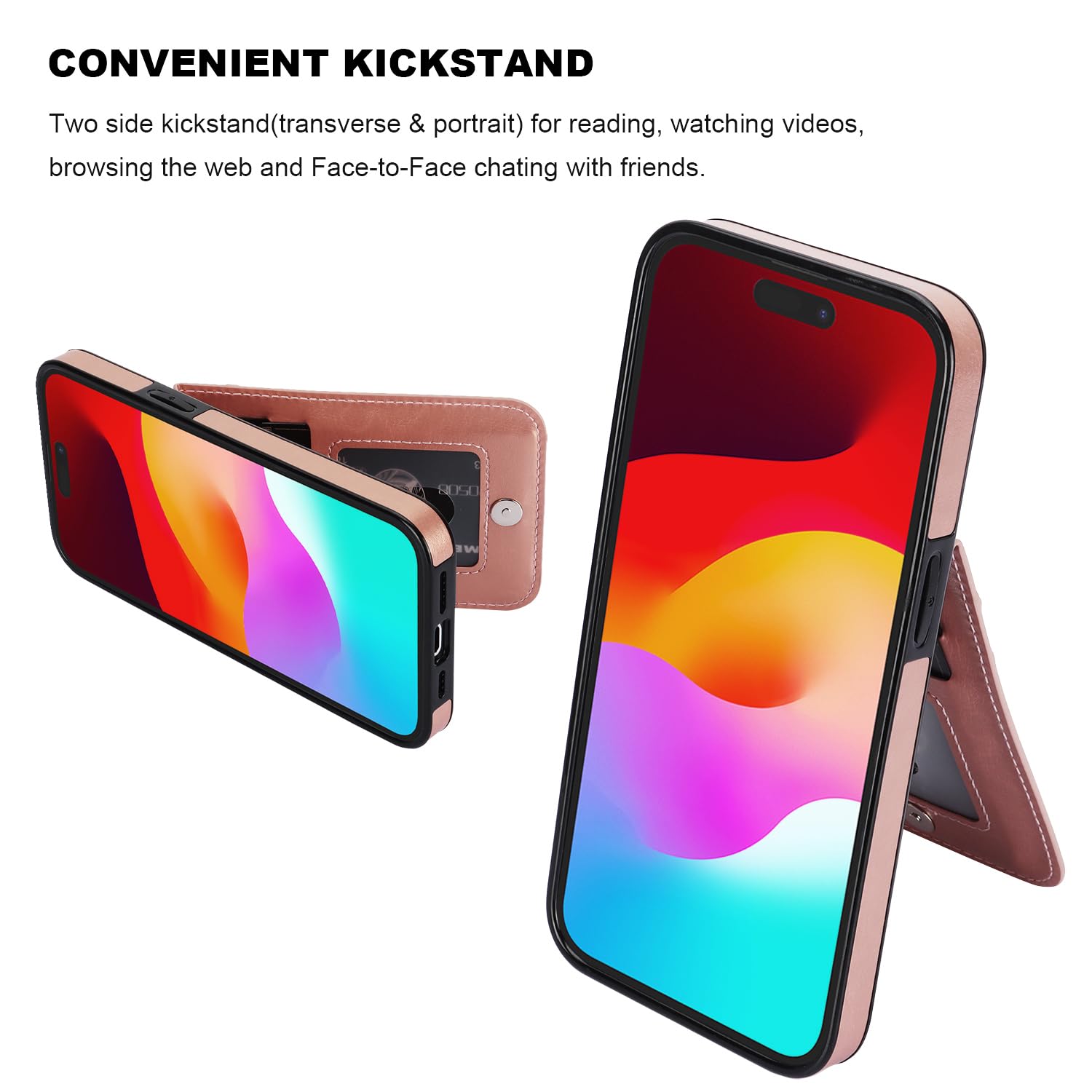 KIHUWEY KIHUWEY iPhone 15 Pro Case Wallet with Credit Card Holder Premium Leather Magnetic Clasp Kickstand Heavy Duty Protective Cover Rose Gold - View 5 of 9