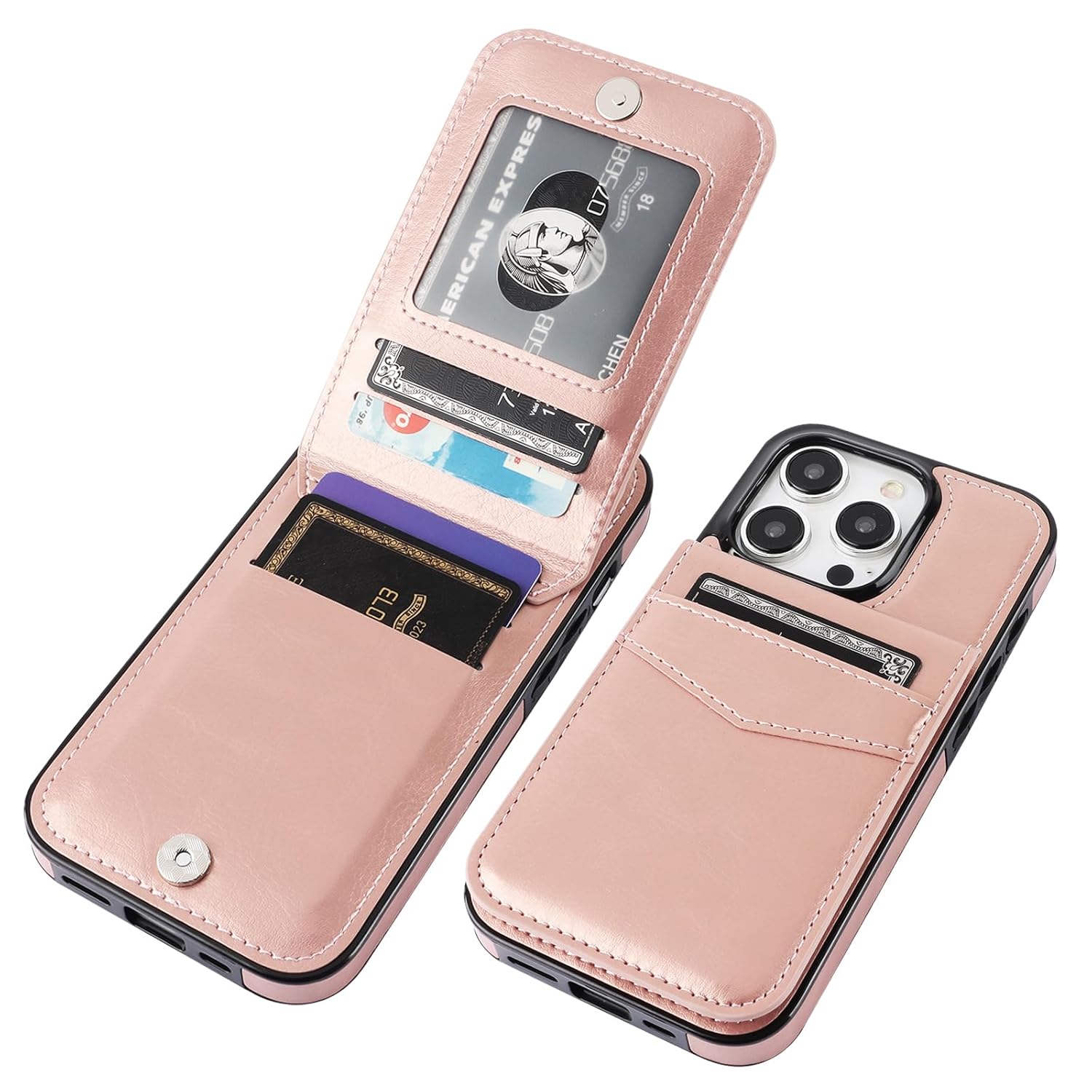 KIHUWEY iPhone 15 Pro Case Wallet with Credit Card Holder Premium Leather Magnetic Clasp Kickstand Heavy Duty Protective Cover Rose Gold