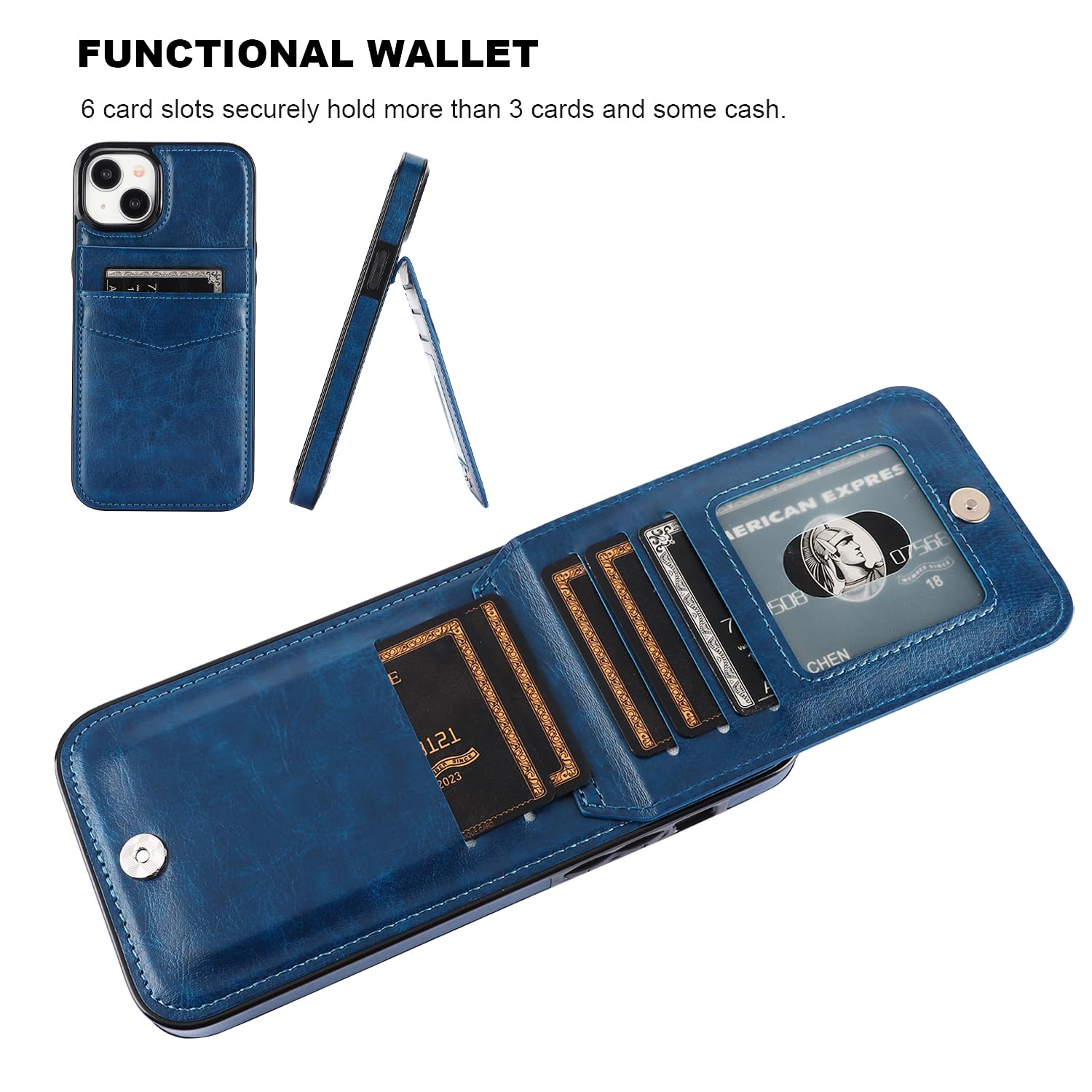 KIHUWEY KIHUWEY iPhone 15 Plus Case Wallet with Credit Card Holder Premium Leather Flip Heavy Duty Protective Cover Blue 6.7 Inch - View 4 of 7