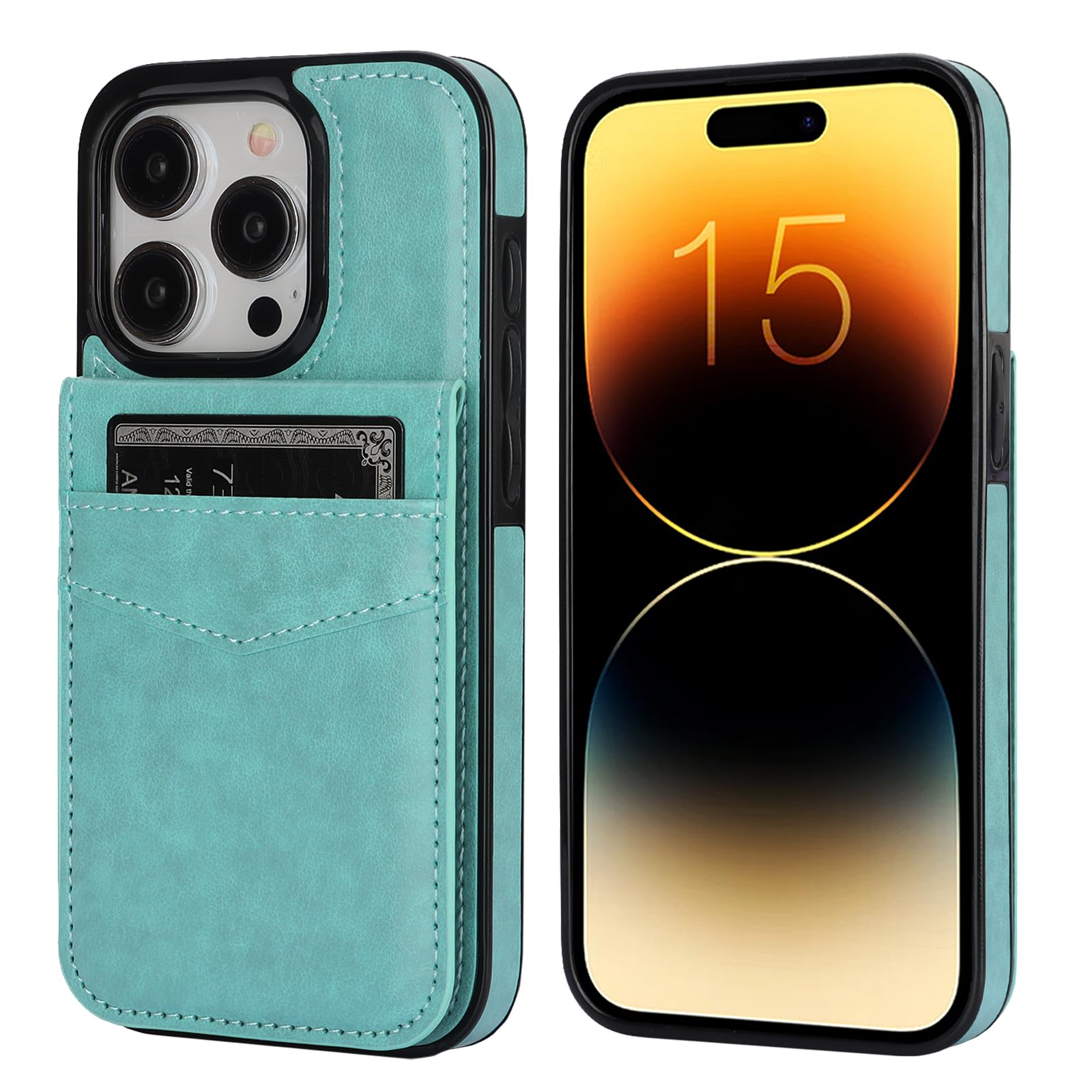 KIHUWEY KIHUWEY iPhone 15 Pro Case Wallet with Credit Card Holder Premium Leather Kickstand Heavy Duty Protective Cover Mint Green - View 2 of 6