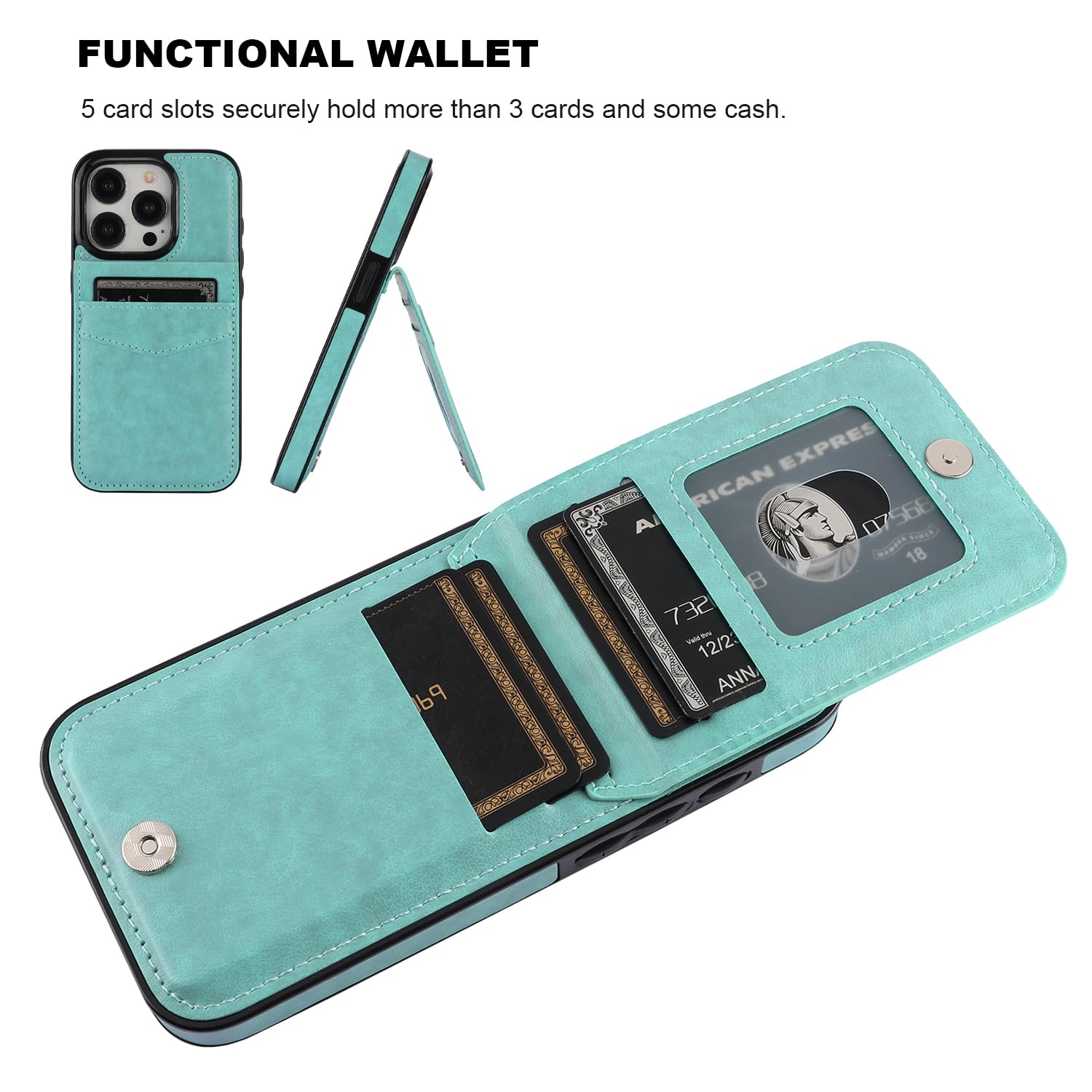 KIHUWEY KIHUWEY iPhone 15 Pro Case Wallet with Credit Card Holder Premium Leather Kickstand Heavy Duty Protective Cover Mint Green - View 3 of 6