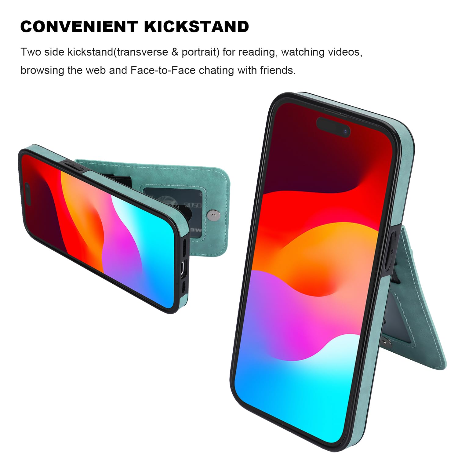 KIHUWEY KIHUWEY iPhone 15 Pro Case Wallet with Credit Card Holder Premium Leather Kickstand Heavy Duty Protective Cover Mint Green - View 4 of 6