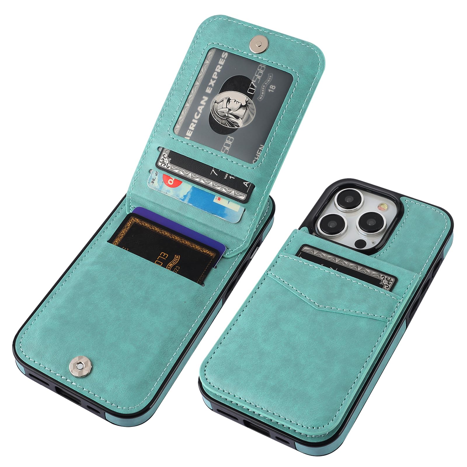 KIHUWEY iPhone 15 Pro Case Wallet with Credit Card Holder Premium Leather Kickstand Heavy Duty Protective Cover Mint Green