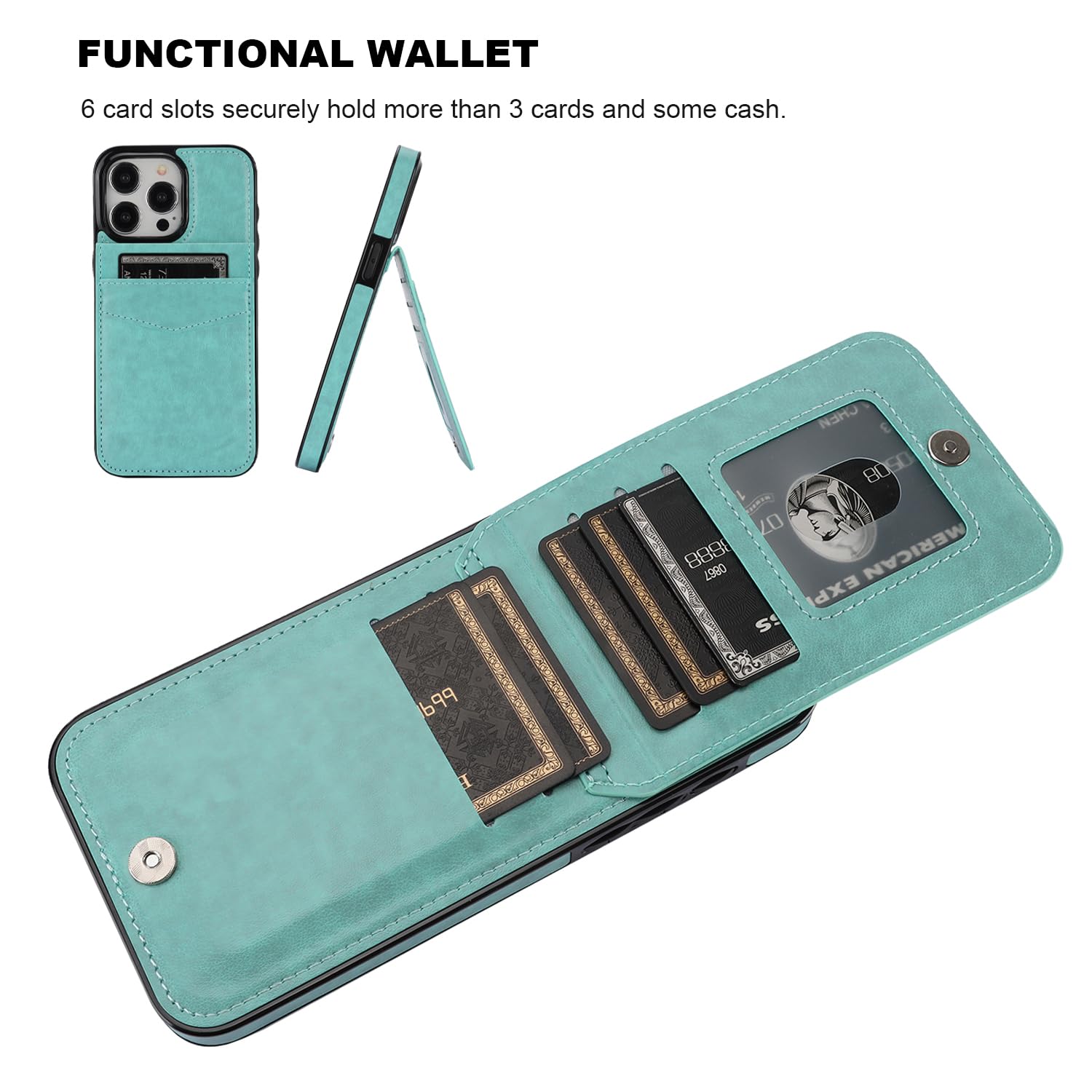 KIHUWEY KIHUWEY iPhone 15 Pro Max Case Wallet with Credit Card Holder Flip Leather Magnetic Clasp Heavy Duty Protective Cover Mint Green - View 4 of 7