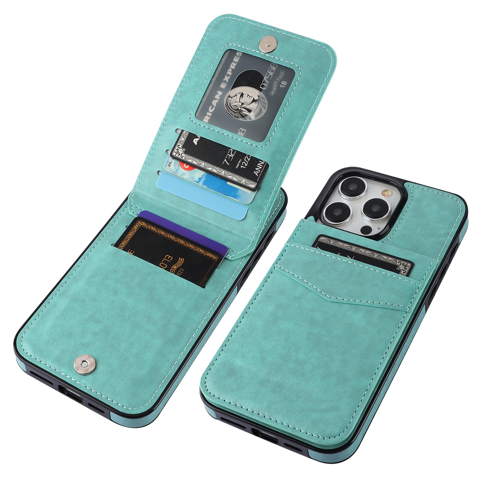 KIHUWEY iPhone 15 Pro Max Case Wallet with Credit Card Holder Flip Leather Magnetic Clasp Heavy Duty Protective Cover Mint Green