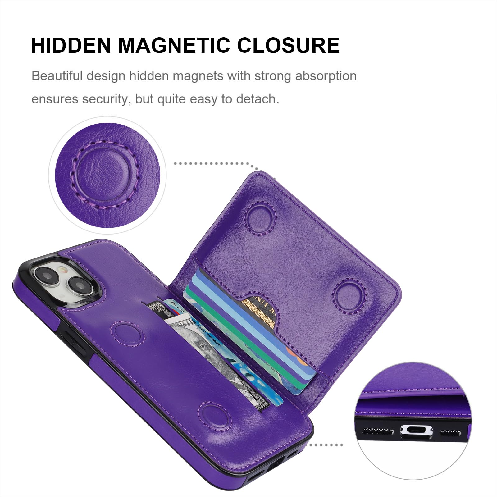KIHUWEY KIHUWEY iPhone 15 Plus Wallet Case Premium Leather Kickstand Flip Hidden Magnetic Clasp Durable Shockproof Cover Dark Purple 6.7 inch - View 7 of 7