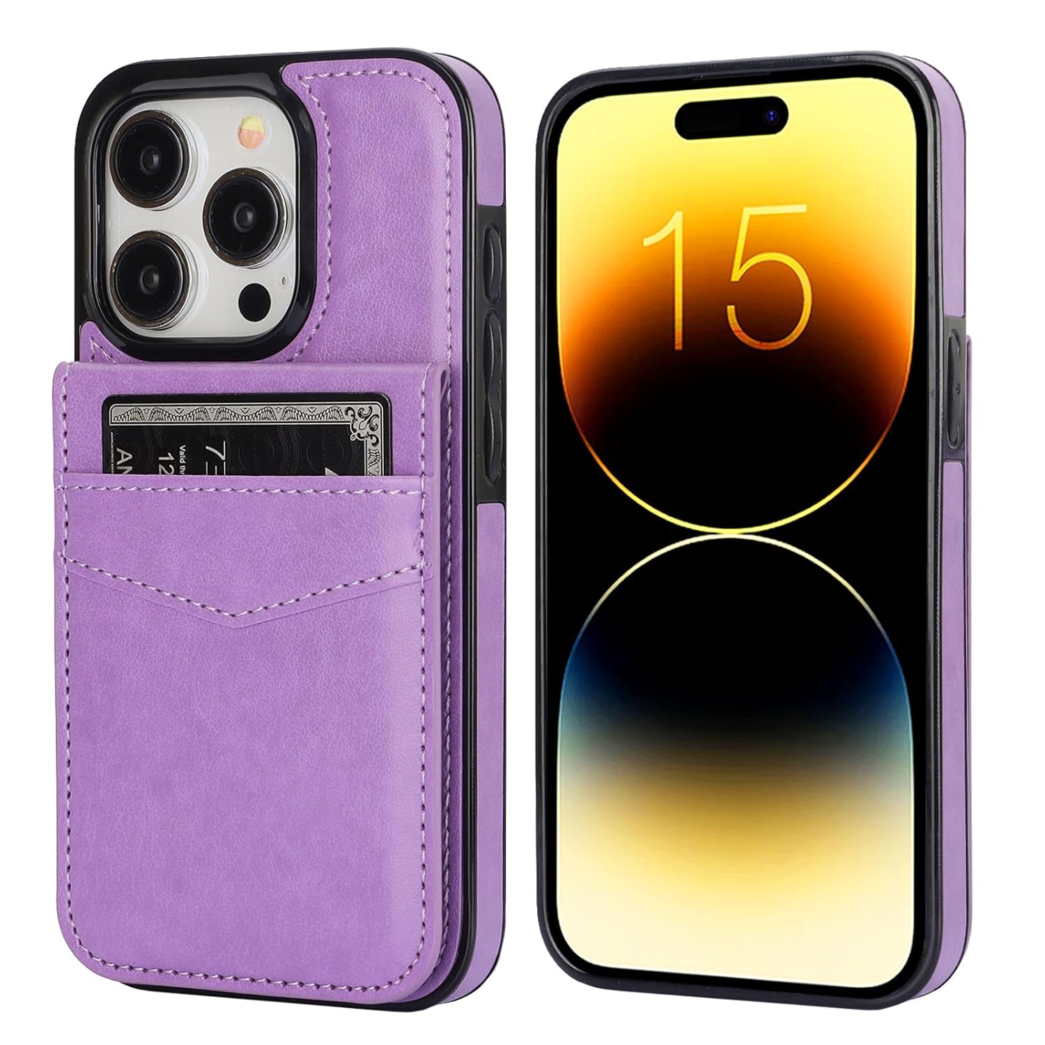 KIHUWEY KIHUWEY iPhone 15 Pro Case Wallet with Credit Card Holder Premium Leather Magnetic Clasp Kickstand Heavy Duty Protective Cover Purple - View 3 of 9