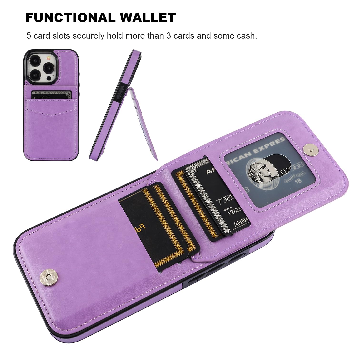 KIHUWEY KIHUWEY iPhone 15 Pro Case Wallet with Credit Card Holder Premium Leather Magnetic Clasp Kickstand Heavy Duty Protective Cover Purple - View 4 of 9