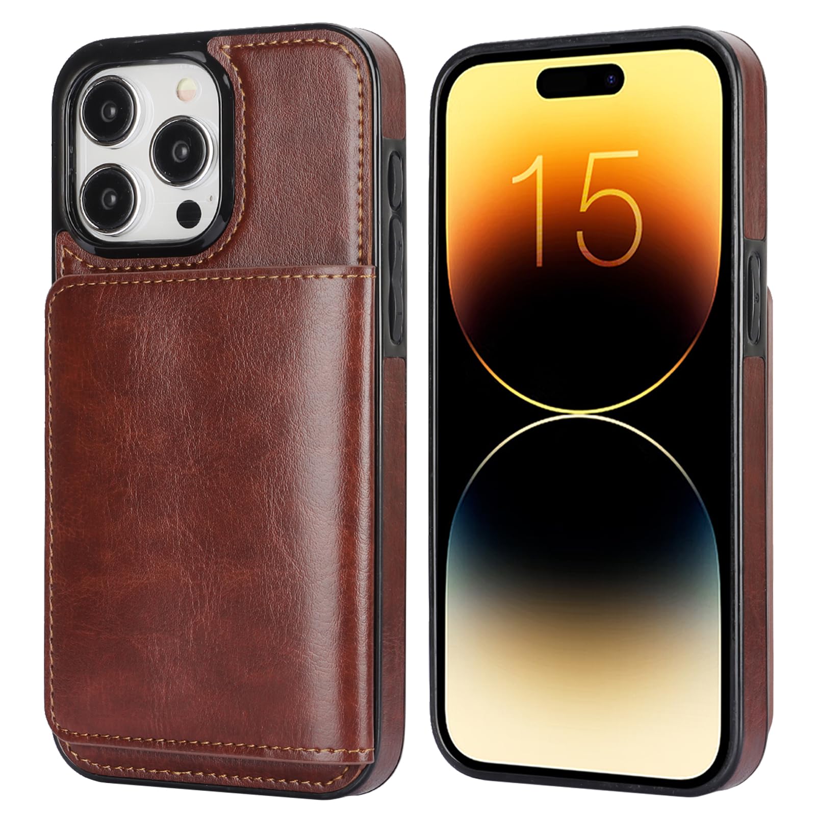 KIHUWEY KIHUWEY iPhone 15 Pro Max Wallet Case Premium Leather Kickstand Flip Hidden Magnetic Clasp Durable Shockproof Cover 6.7 inch Brown - View 3 of 7
