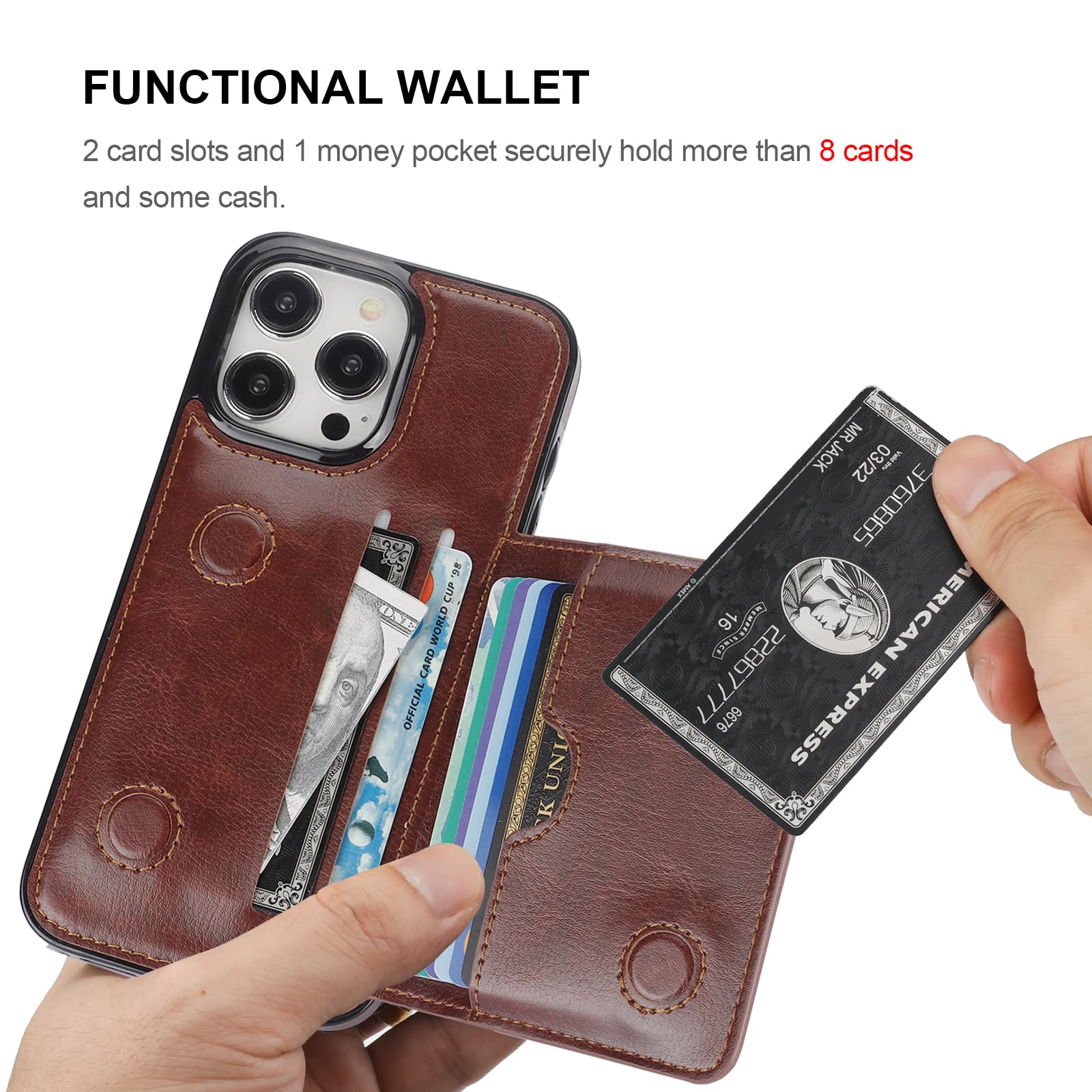 KIHUWEY KIHUWEY iPhone 15 Pro Max Wallet Case Premium Leather Kickstand Flip Hidden Magnetic Clasp Durable Shockproof Cover 6.7 inch Brown - View 4 of 7