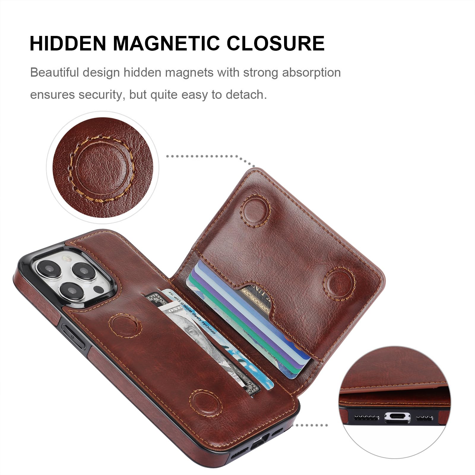 KIHUWEY KIHUWEY iPhone 15 Pro Max Wallet Case Premium Leather Kickstand Flip Hidden Magnetic Clasp Durable Shockproof Cover 6.7 inch Brown - View 7 of 7