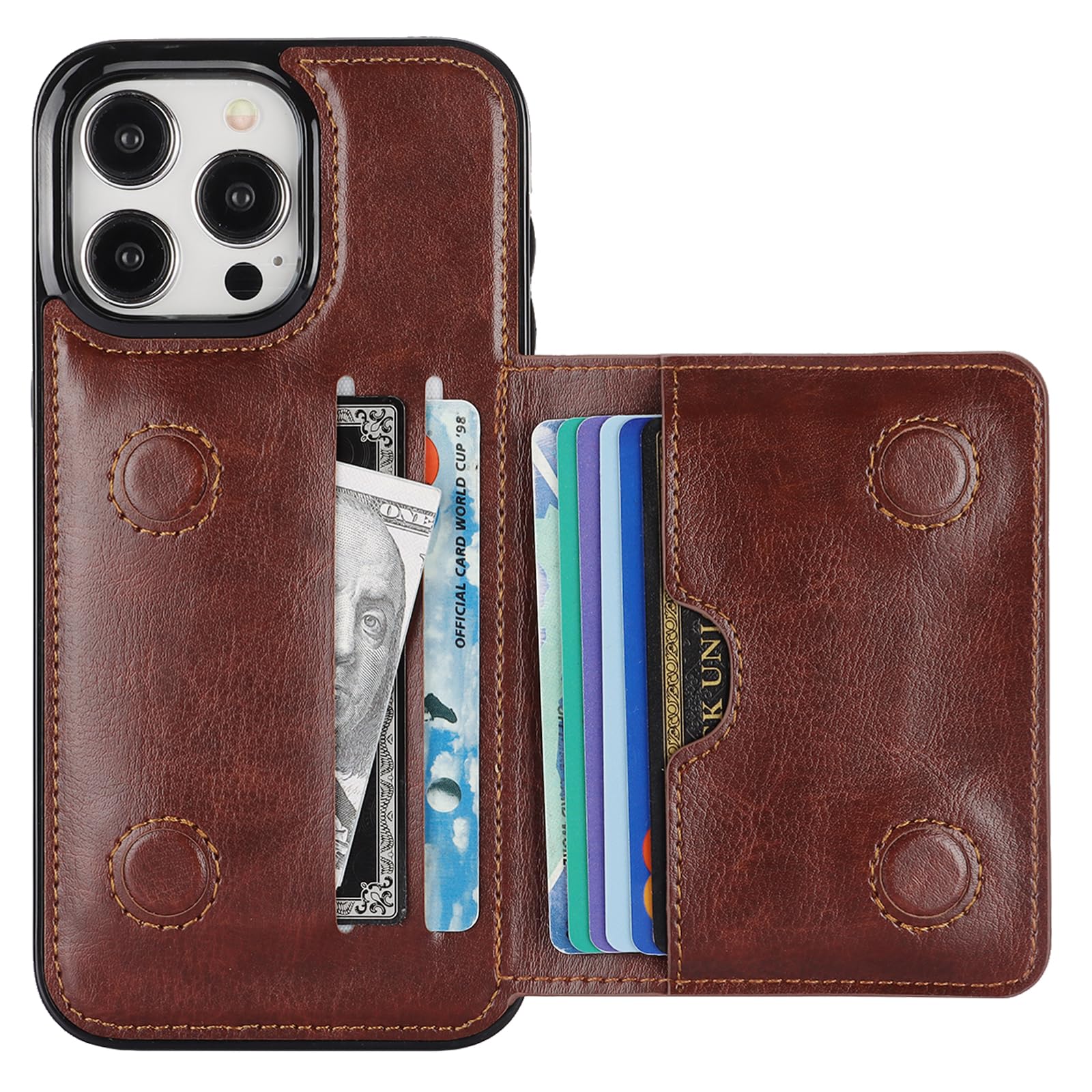 KIHUWEY iPhone 15 Pro Max Wallet Case Premium Leather Kickstand Flip Hidden Magnetic Clasp Durable Shockproof Cover 6.7 inch Brown