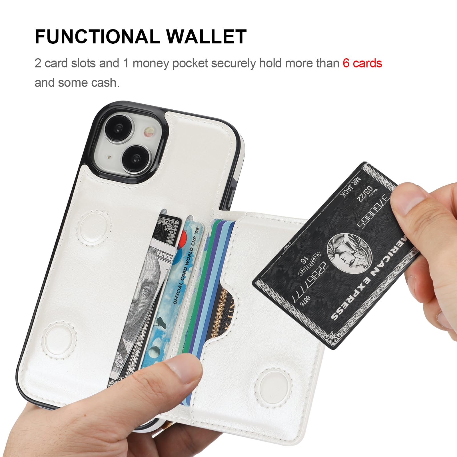 KIHUWEY KIHUWEY iPhone 15 Wallet Case Premium Leather Kickstand Flip Hidden Magnetic Clasp Durable Shockproof Cover 6.1 inch White - View 4 of 7