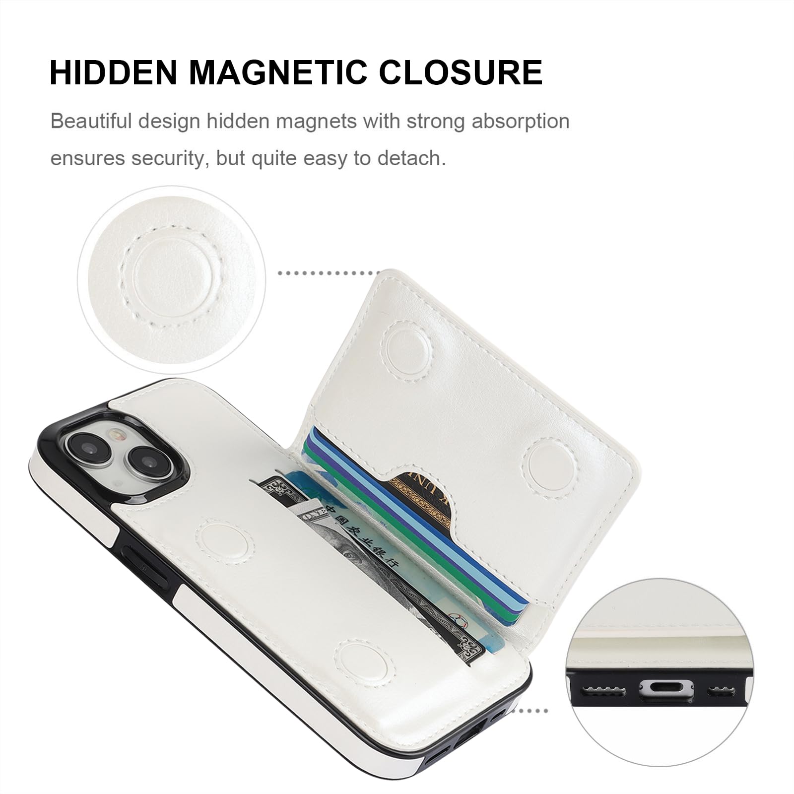 KIHUWEY KIHUWEY iPhone 15 Wallet Case Premium Leather Kickstand Flip Hidden Magnetic Clasp Durable Shockproof Cover 6.1 inch White - View 7 of 7