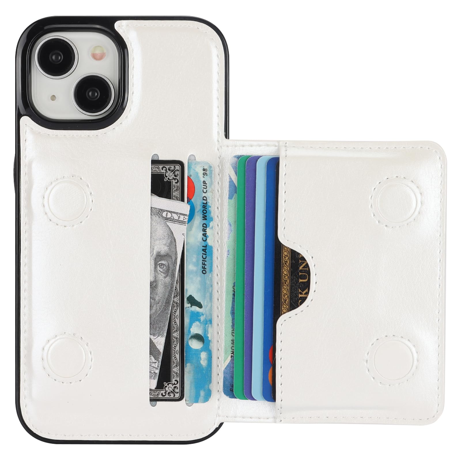 KIHUWEY iPhone 15 Wallet Case Premium Leather Kickstand Flip Hidden Magnetic Clasp Durable Shockproof Cover 6.1 inch White