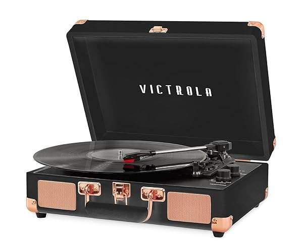 Victrola Vintage 3-Speed Bluetooth Record Player - Portable Suitcase Turntable with Built-in Speakers in Black Rose Gold