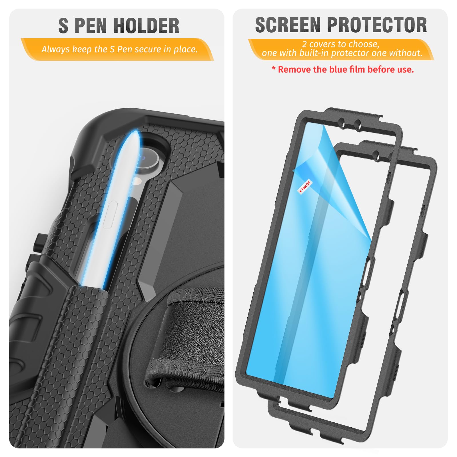 HXCASEAC HXCASEAC Heavy Duty Case for Galaxy Tab S9 S9 FE 5G with Screen Protector Hand Strap S Pen Holder Shockproof Black 10.9 inch 11 inch - View 4 of 8