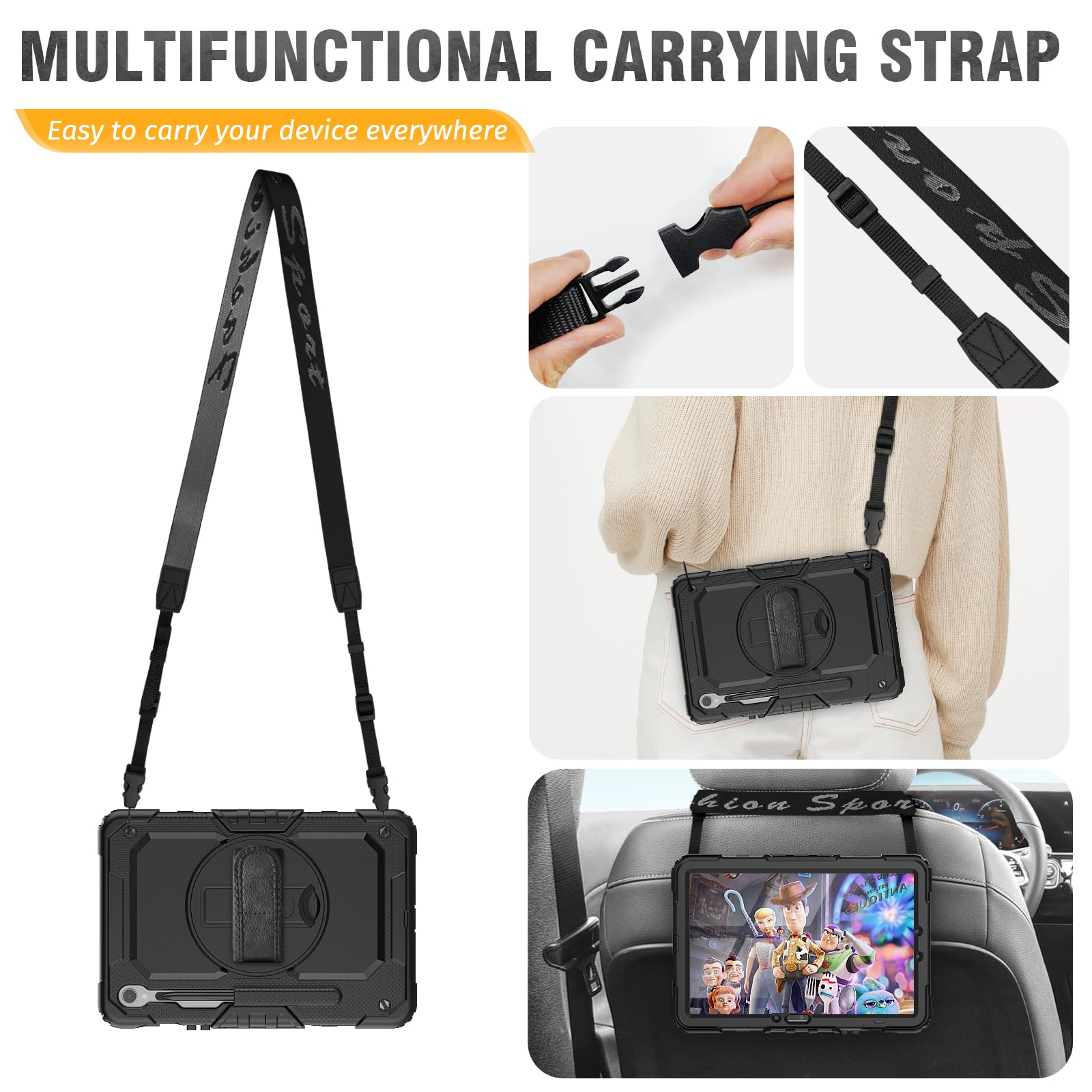 HXCASEAC HXCASEAC Heavy Duty Case for Galaxy Tab S9 S9 FE 5G with Screen Protector Hand Strap S Pen Holder Shockproof Black 10.9 inch 11 inch - View 5 of 8