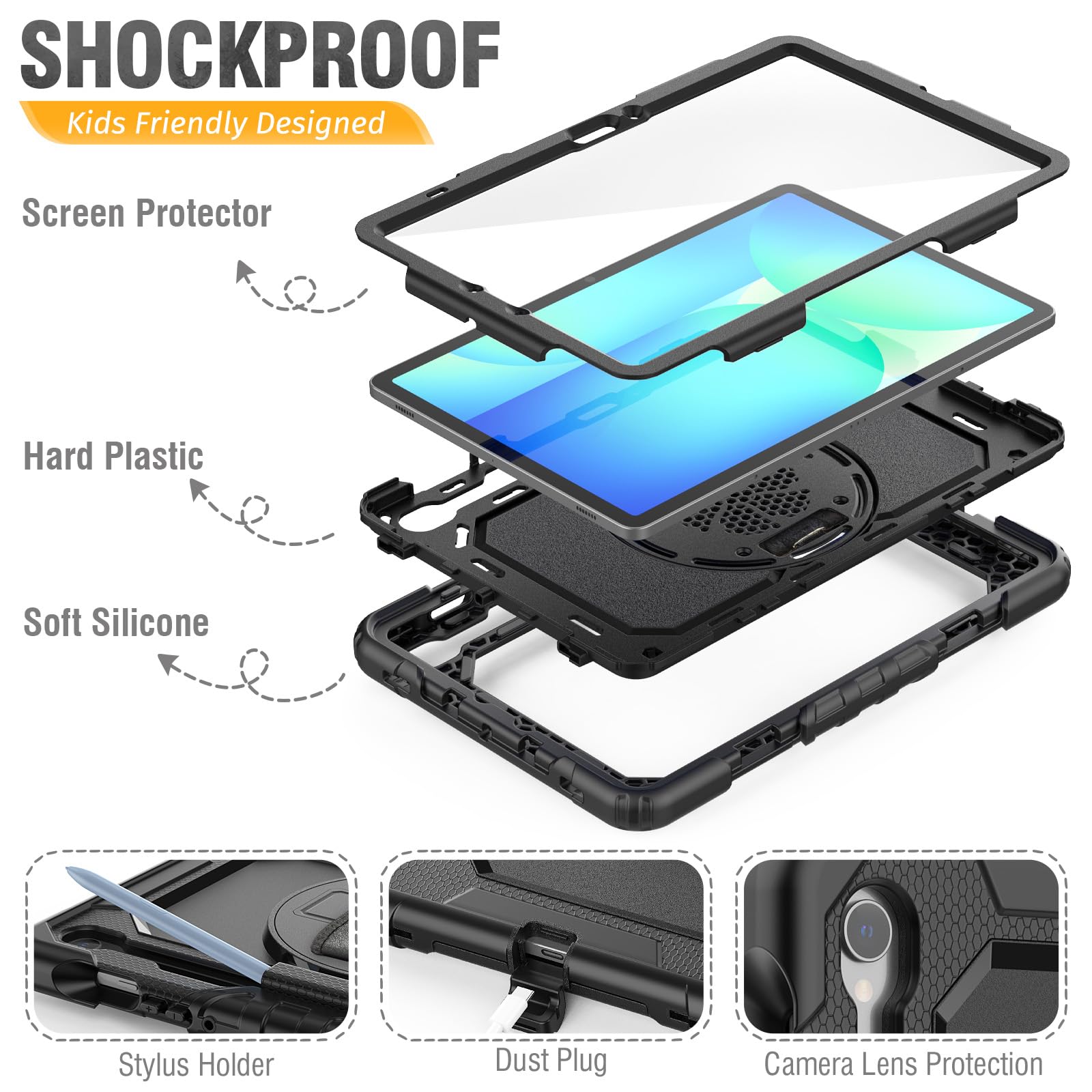 HXCASEAC HXCASEAC Heavy Duty Case for Galaxy Tab S9 S9 FE 5G with Screen Protector Hand Strap S Pen Holder Shockproof Black 10.9 inch 11 inch - View 6 of 8