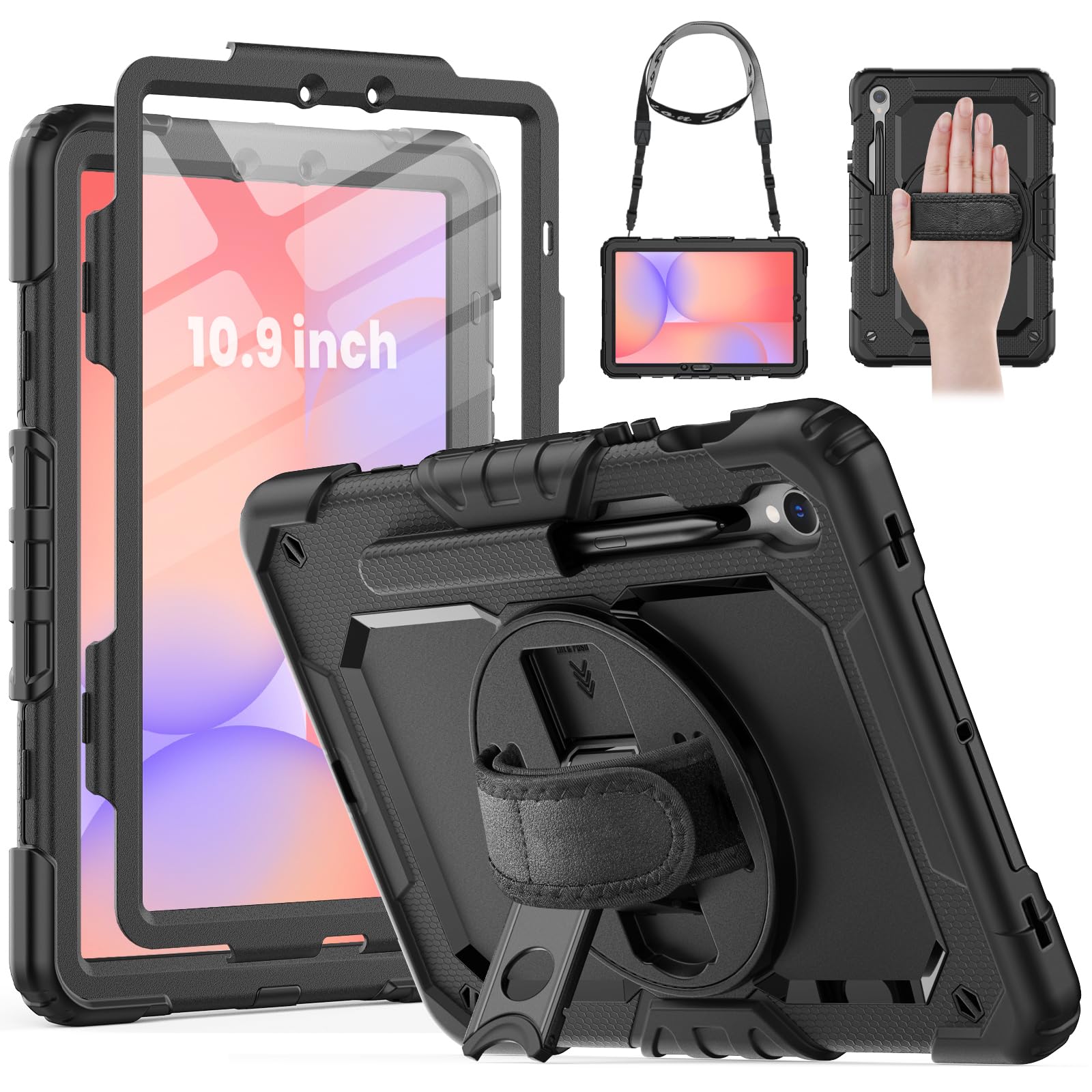 HXCASEAC HXCASEAC Heavy Duty Case for Galaxy Tab S9 S9 FE 5G with Screen Protector Hand Strap S Pen Holder Shockproof Black 10.9 inch 11 inch