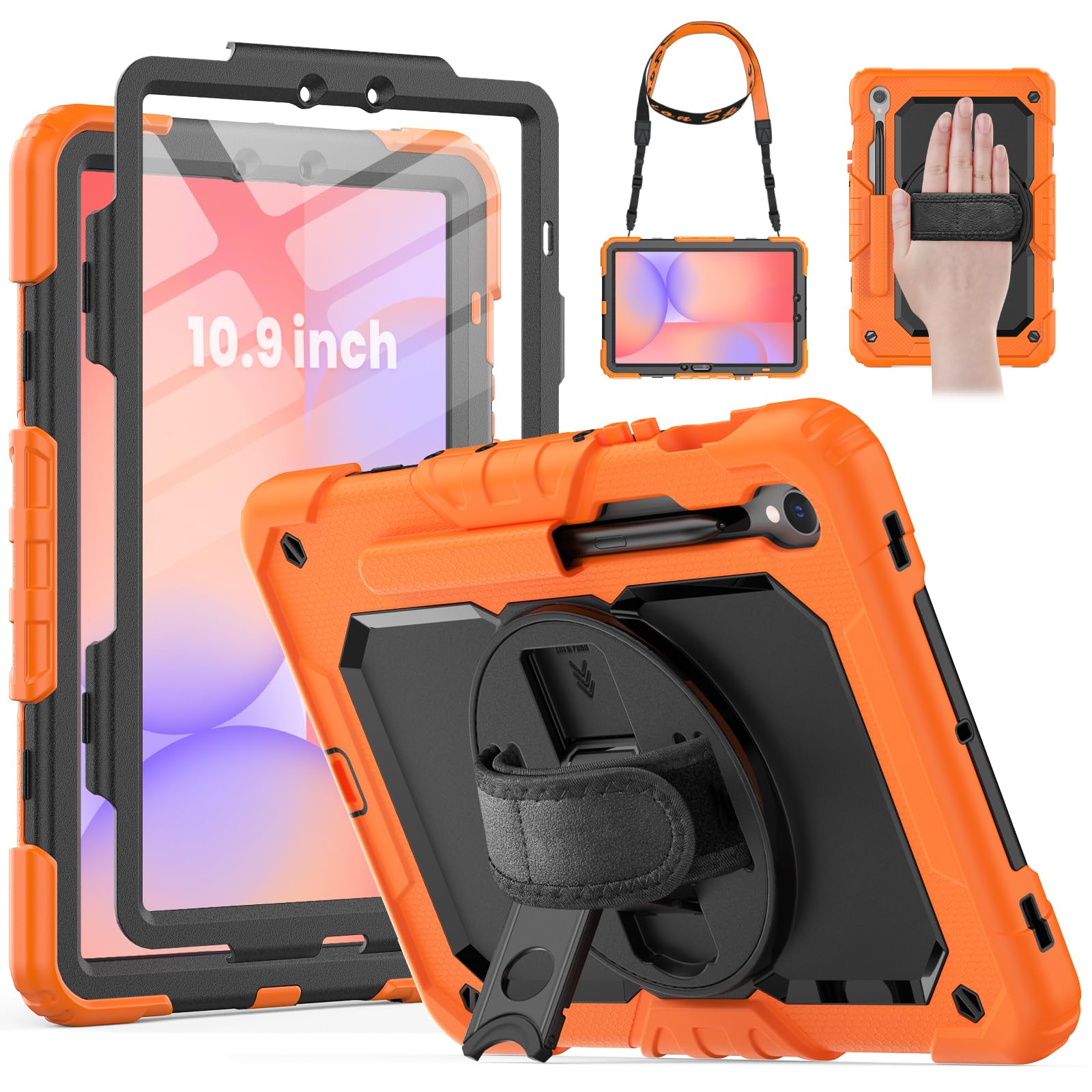 HXCASEAC HXCASEAC Heavy Duty Case for Samsung Galaxy Tab S9 S9 FE 10.9 Inch with Screen Protector Hand Strap and S Pen Holder Black