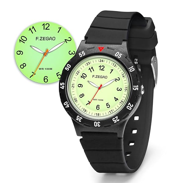 F.ZEGAO FZEGAO Kids Analog Watch Waterproof for Boys and Girls Age 3-12 with Black Silicone Band Learning Time Feature