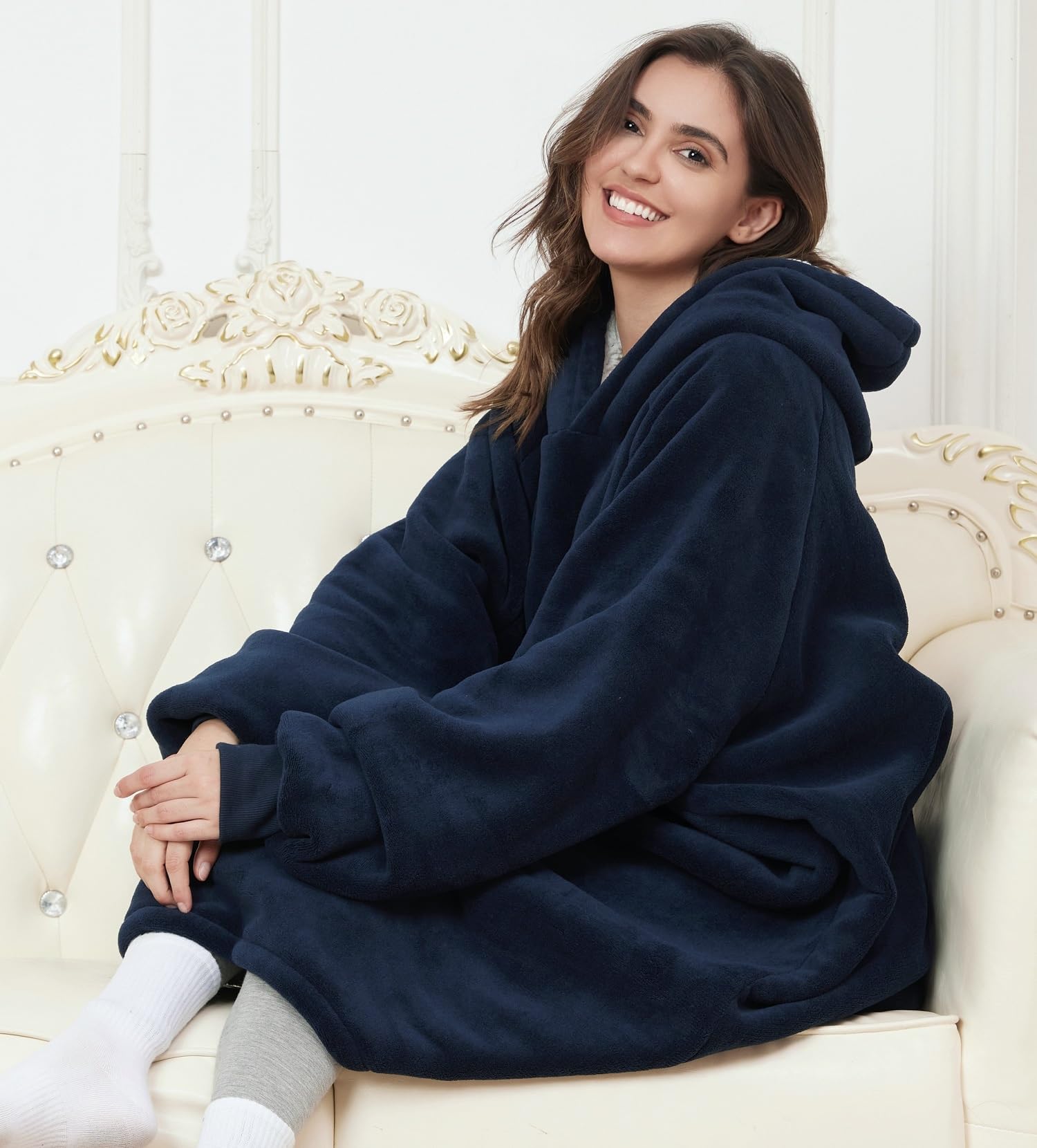 CozyLeep CozyLeep Wearable Blanket Hoodie for Adults Warm Sherpa Oversized Sweatshirt Gift for Men Women Mom Girlfriend Navy - View 2 of 6