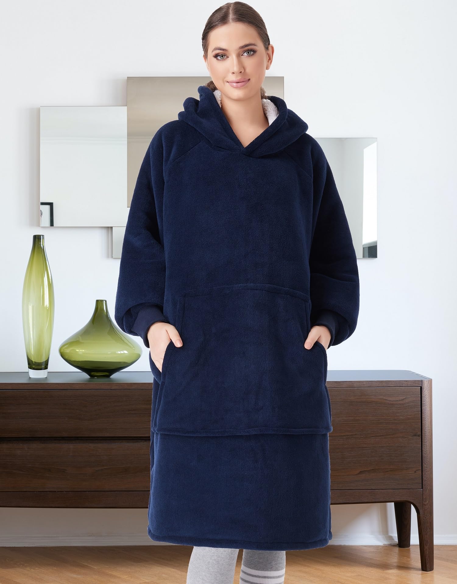 CozyLeep CozyLeep Wearable Blanket Hoodie for Adults Warm Sherpa Oversized Sweatshirt Gift for Men Women Mom Girlfriend Navy - View 5 of 6