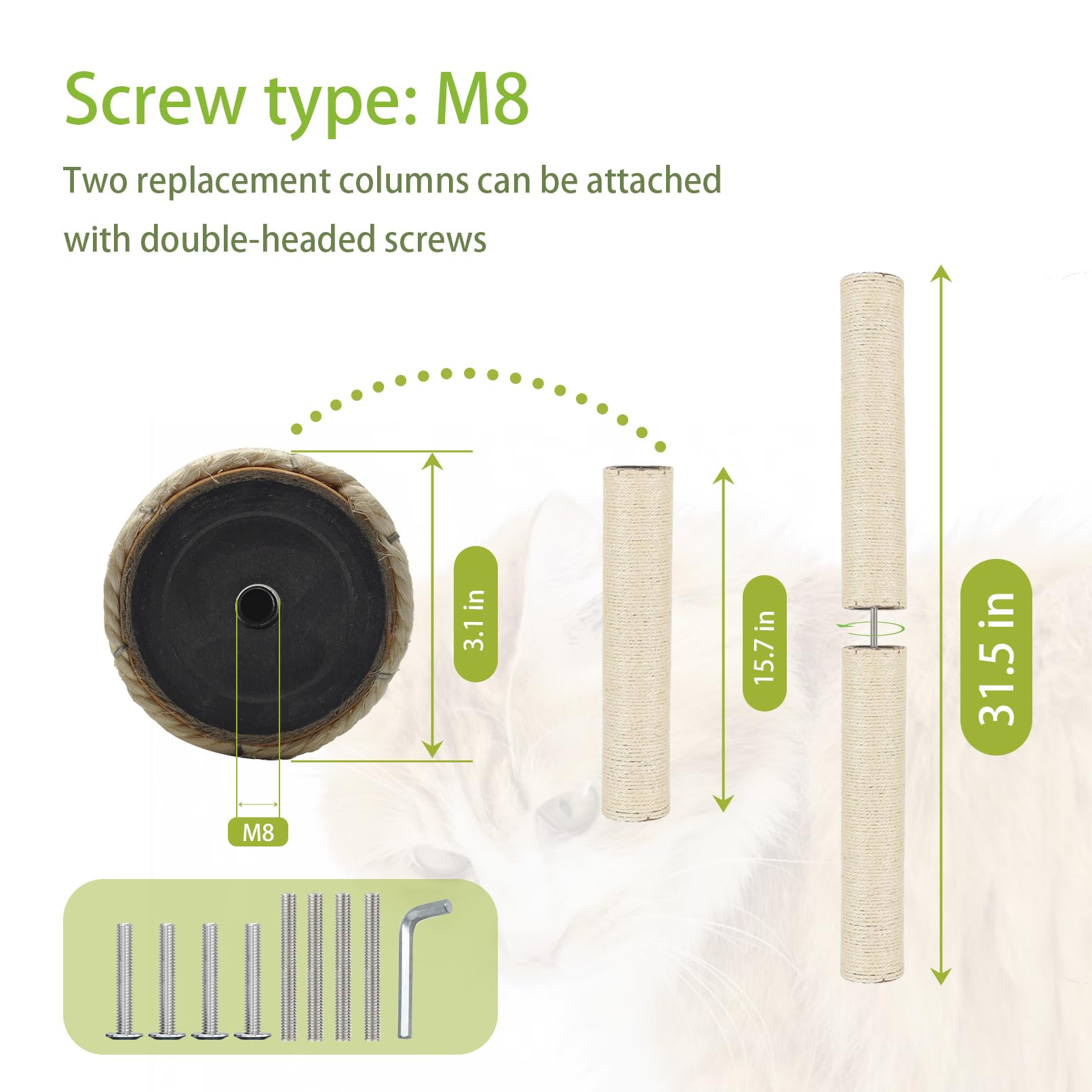 MUYG MUYG Cat Scratching Post Replacement 4 Pcs Natural Sisal 15.7 x 3.1 Inches Indoor Cat Tree Parts with M8 Screws Accessories - View 2 of 7