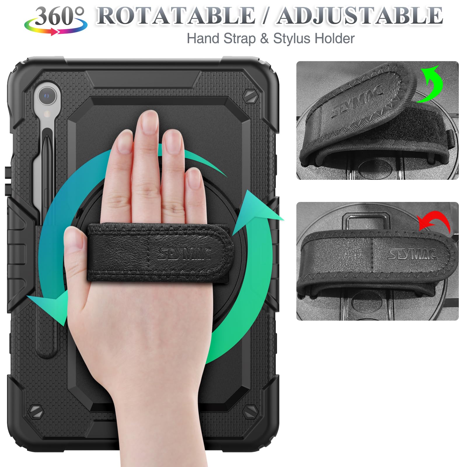 SEYMAC Galaxy Tab S9 11 Inch 5G Tablet Case 2023 with Screen Protector Pencil Holder 360 Rotating Hand Strap and Stand Drop Proof Black - View 3 of 7