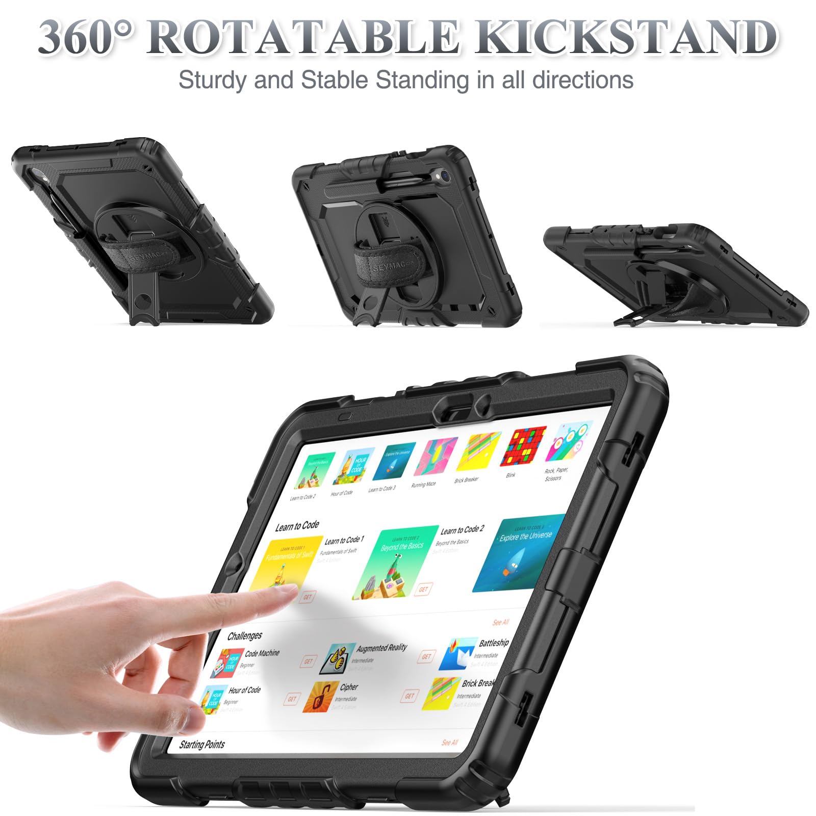 SEYMAC Galaxy Tab S9 11 Inch 5G Tablet Case 2023 with Screen Protector Pencil Holder 360 Rotating Hand Strap and Stand Drop Proof Black - View 4 of 7