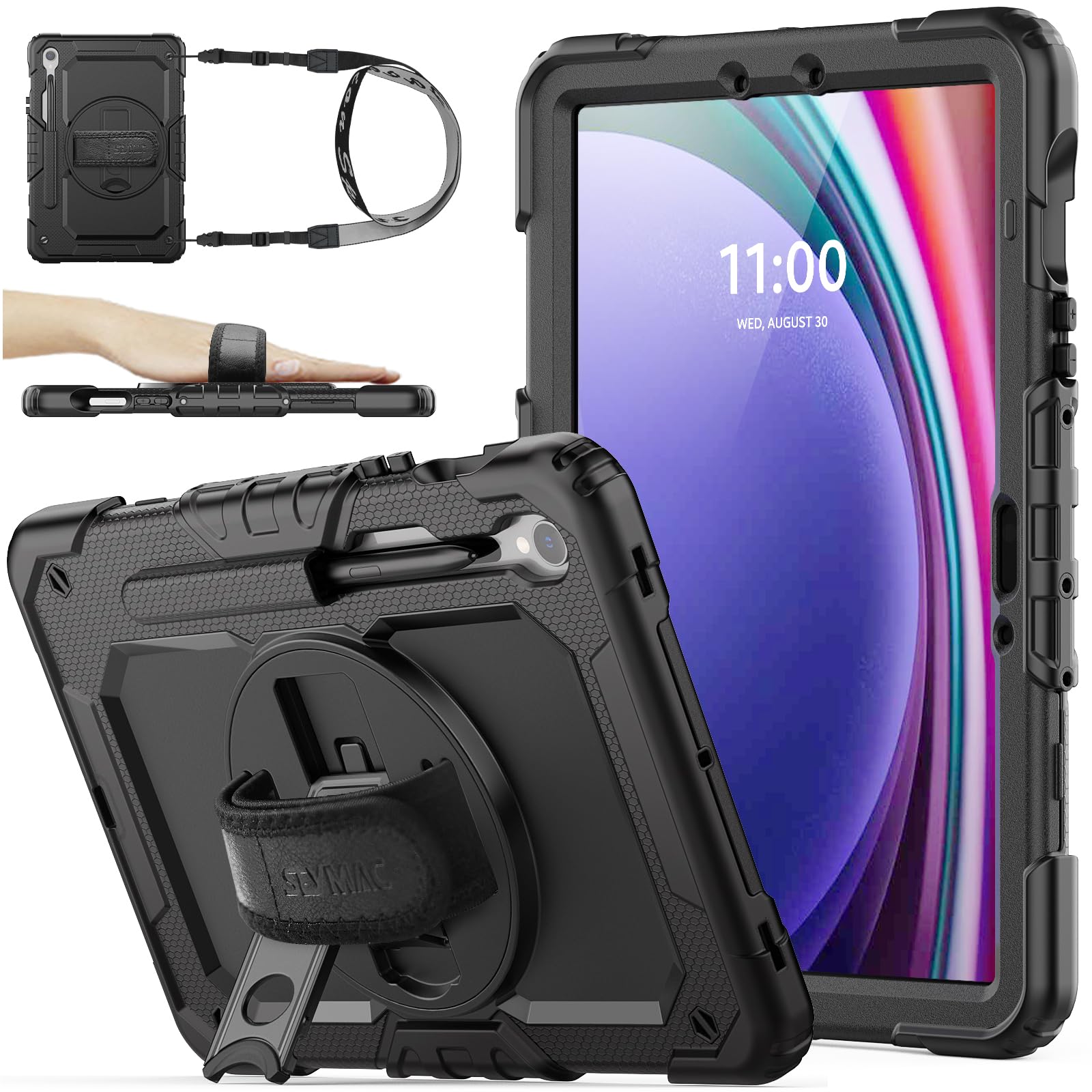 SEYMAC Galaxy Tab S9 11 Inch 5G Tablet Case 2023 with Screen Protector Pencil Holder 360 Rotating Hand Strap and Stand Drop Proof Black