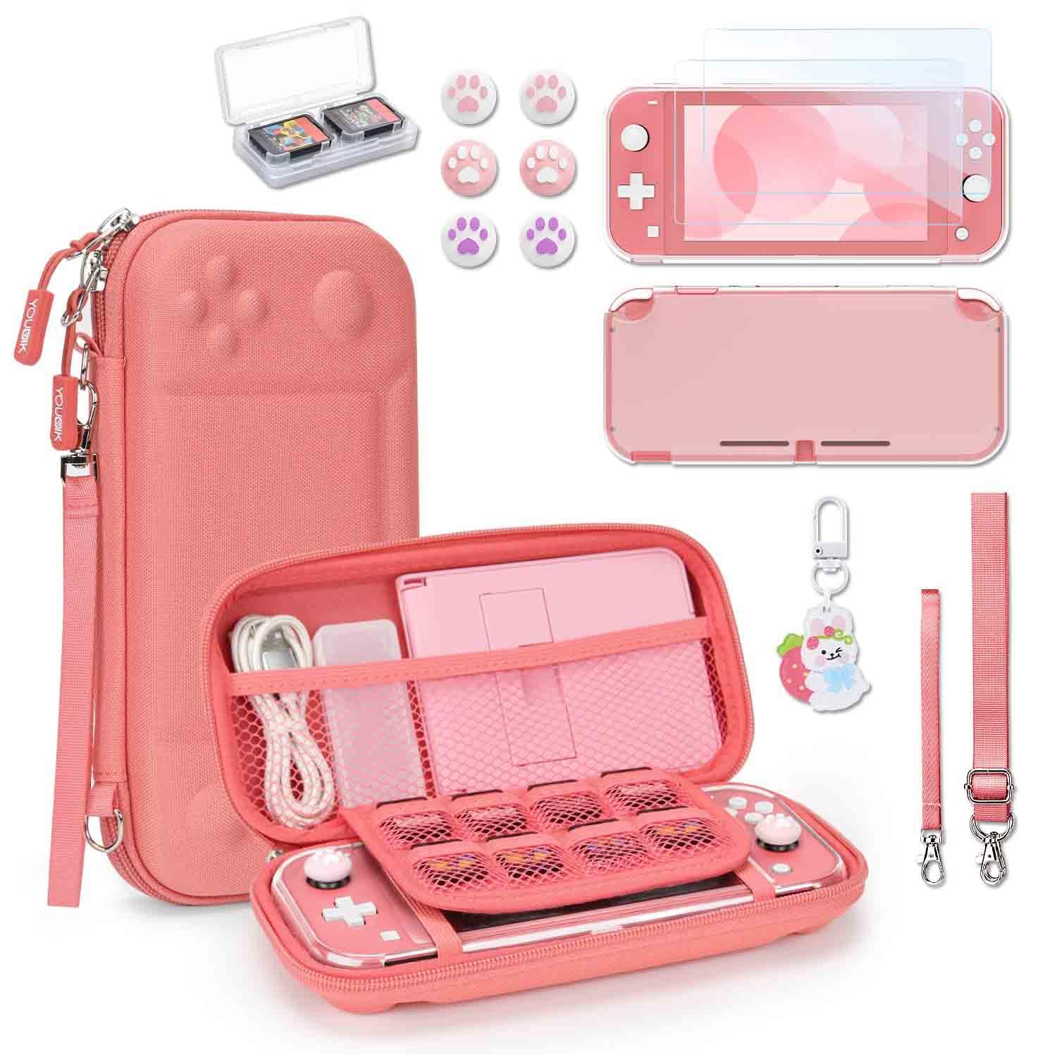 YK YOUNIK Younik Switch Lite Case Portable Carrying Case with 14 in 1 Accessories Kit Protective Cover Game Card Case Screen Protectors Pink