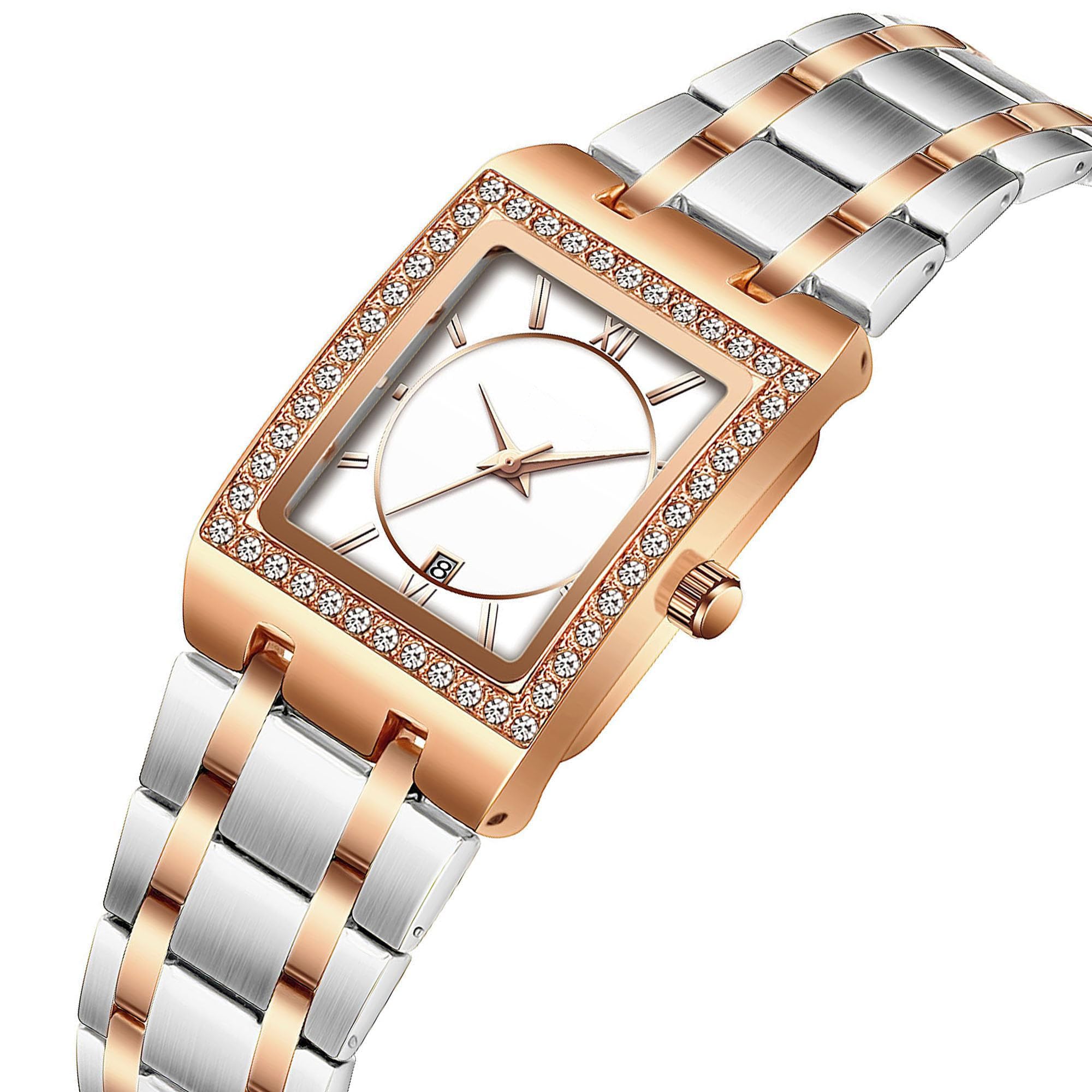 CARLIEN CARLIEN Women's Luxury Stainless Steel Bracelet Watch with Diamonds Bezel Square Waterproof Calendar Analog Quartz in Rose White - View 2 of 8