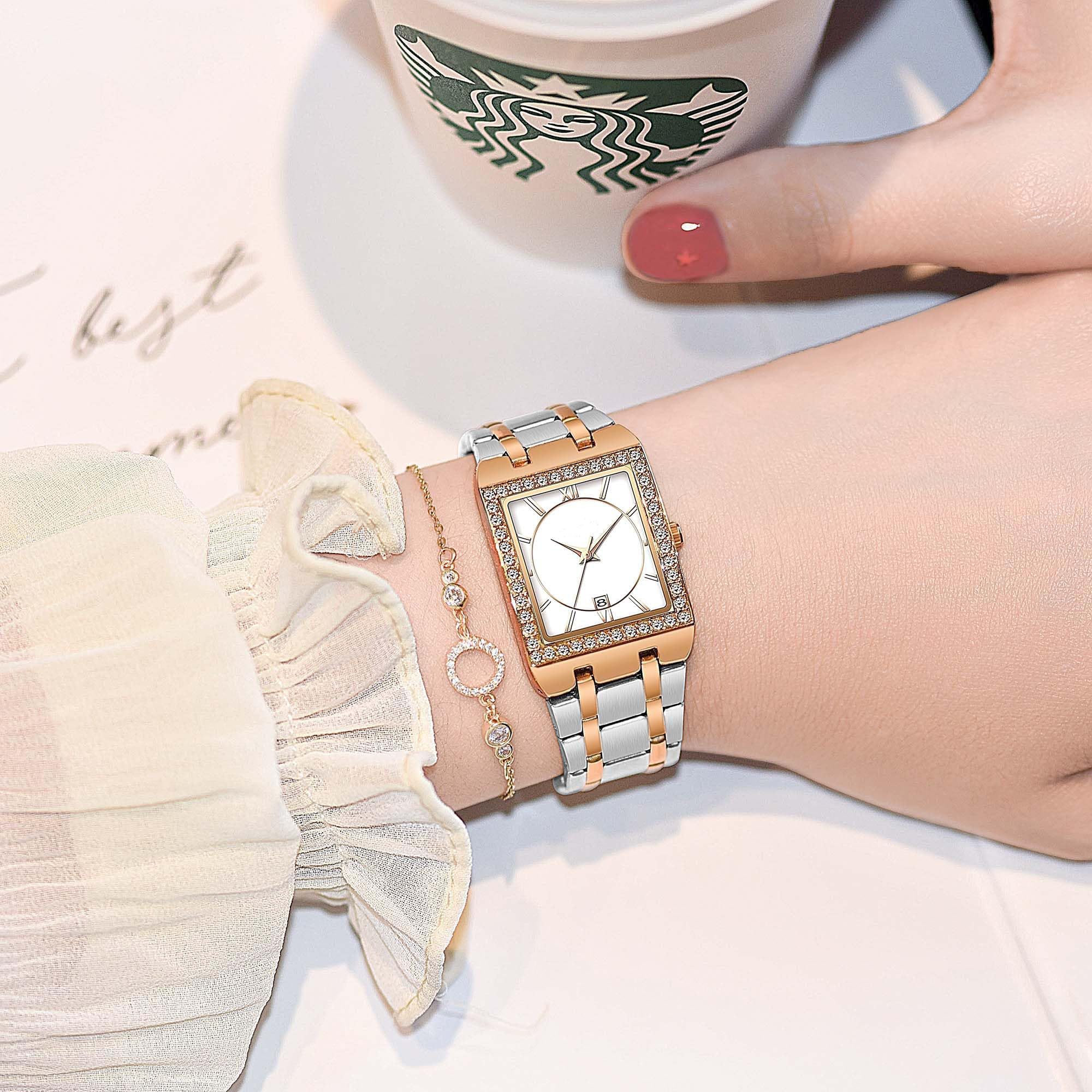 CARLIEN CARLIEN Women's Luxury Stainless Steel Bracelet Watch with Diamonds Bezel Square Waterproof Calendar Analog Quartz in Rose White - View 3 of 8