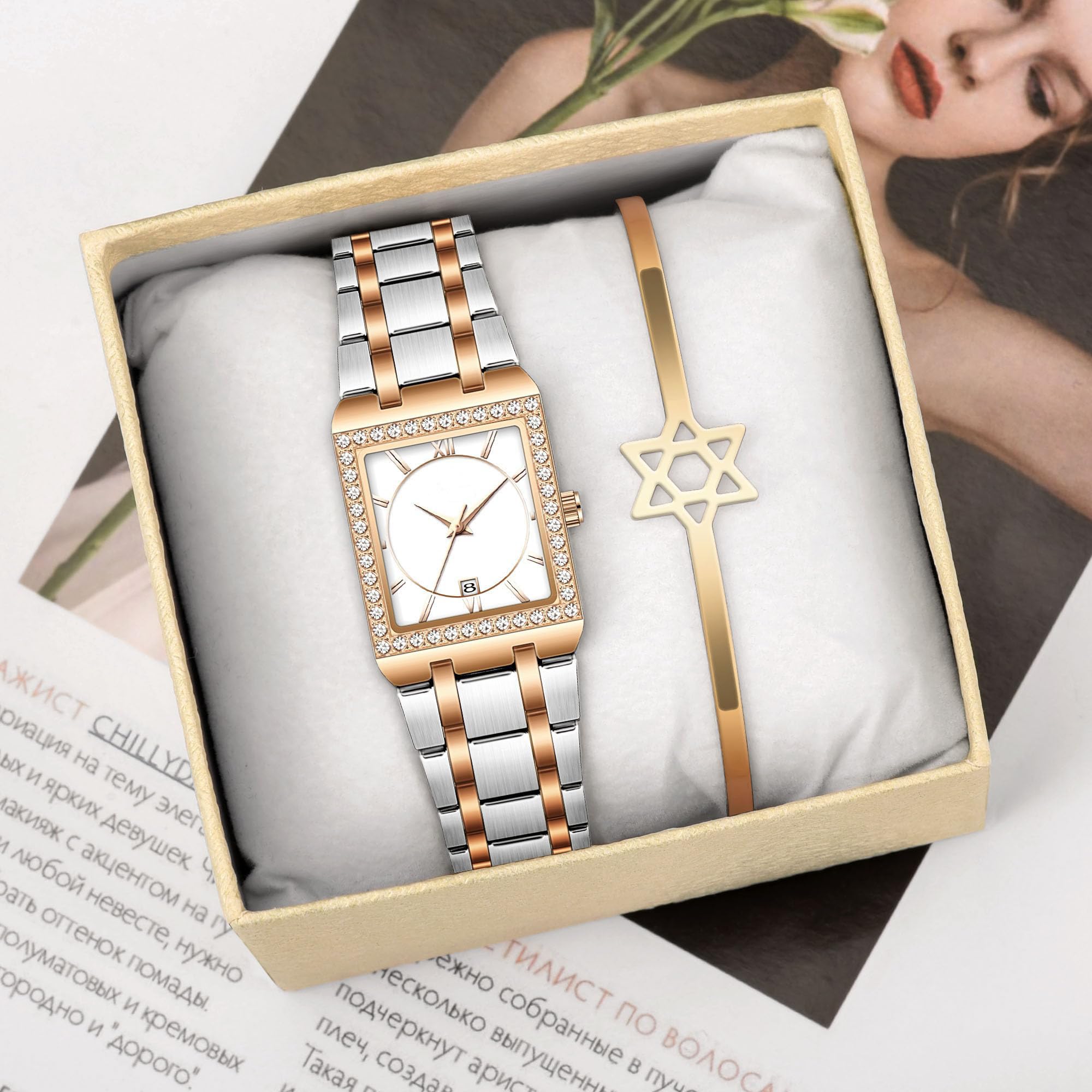 CARLIEN CARLIEN Women's Luxury Stainless Steel Bracelet Watch with Diamonds Bezel Square Waterproof Calendar Analog Quartz in Rose White - View 5 of 8