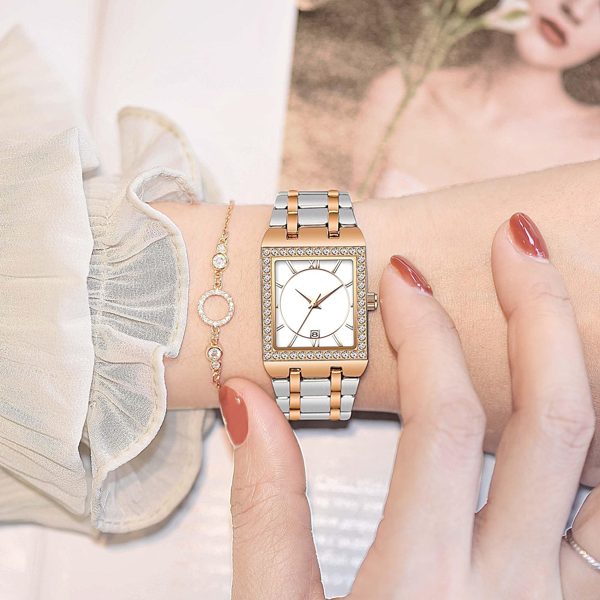 CARLIEN CARLIEN Women's Luxury Stainless Steel Bracelet Watch with Diamonds Bezel Square Waterproof Calendar Analog Quartz in Rose White - View 6 of 8