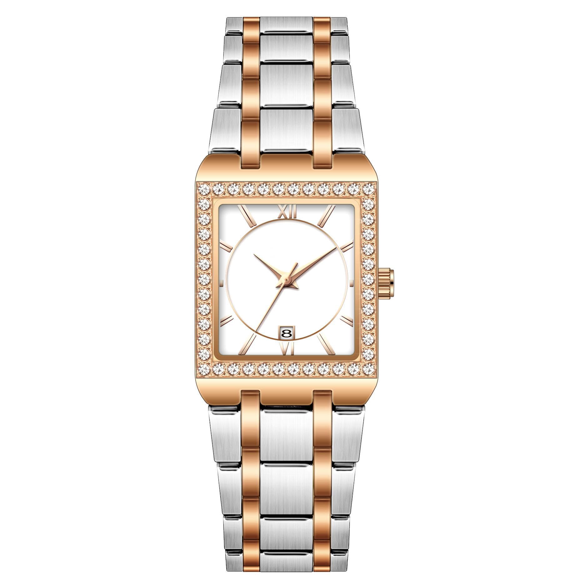 CARLIEN CARLIEN Women's Luxury Stainless Steel Bracelet Watch with Diamonds Bezel Square Waterproof Calendar Analog Quartz in Rose White - View 7 of 8
