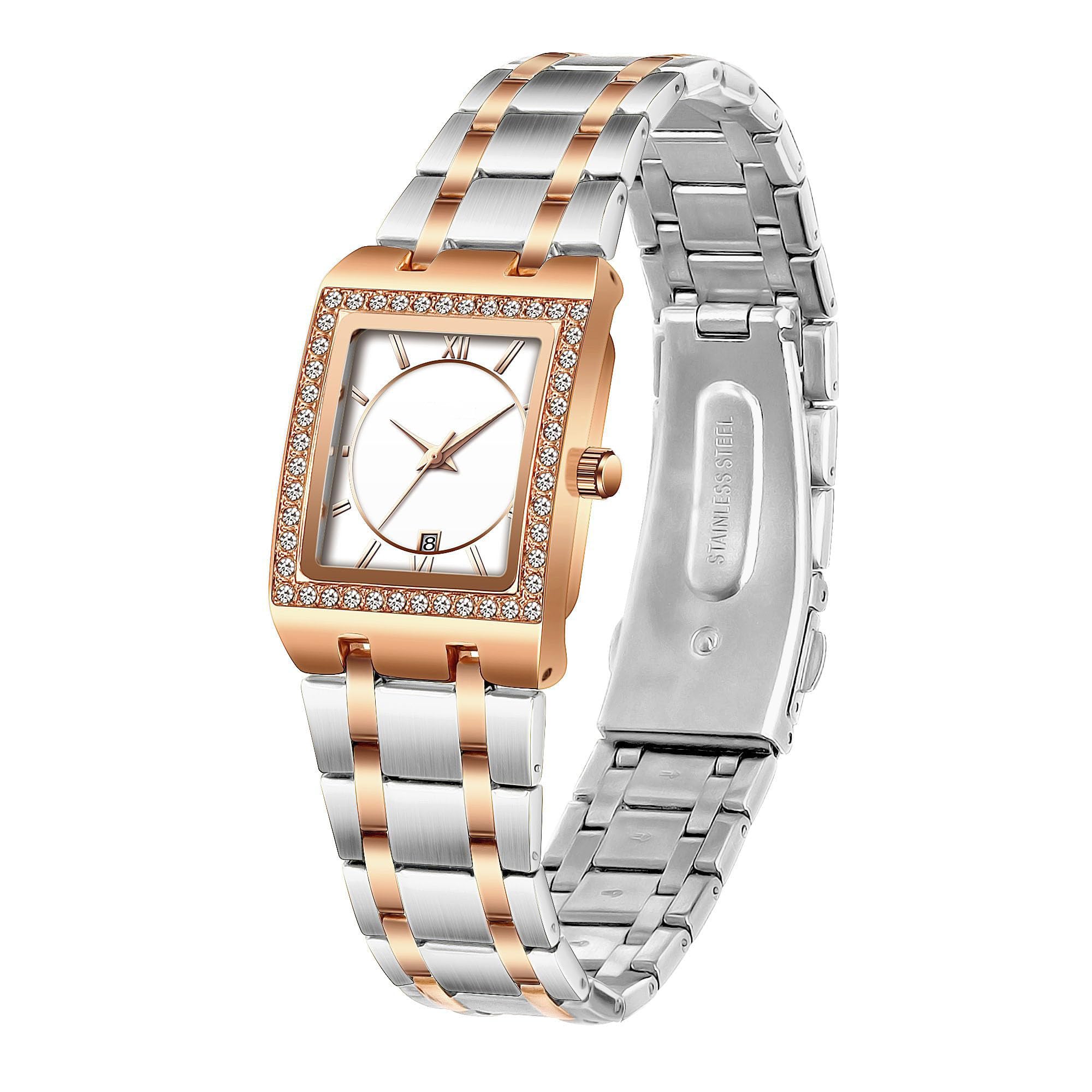 CARLIEN CARLIEN Women's Luxury Stainless Steel Bracelet Watch with Diamonds Bezel Square Waterproof Calendar Analog Quartz in Rose White