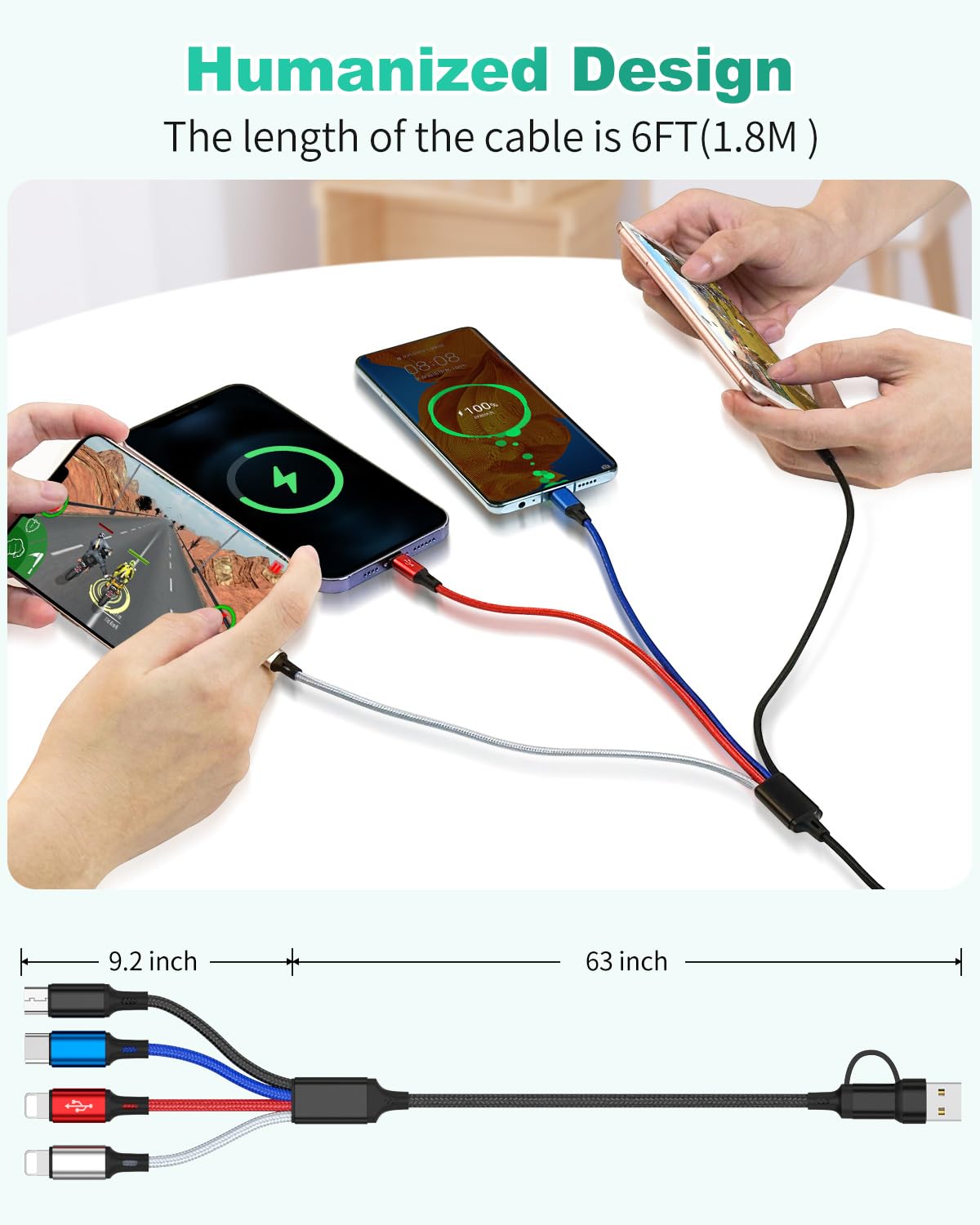HanCenDa HanCenDa 4 in 2 Multi Charging Cable 3Pack 6FT Universal USB Charger Cords for iPhone 16 15 and All Devices Nylon Braided - View 6 of 6