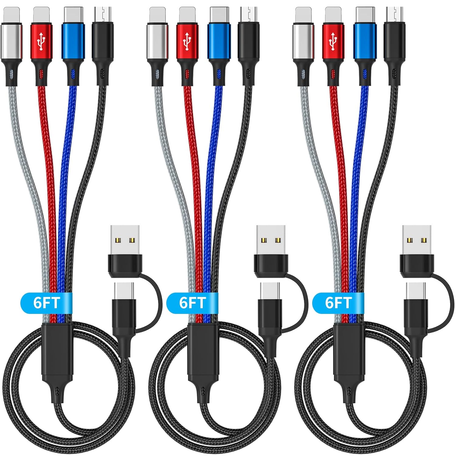 HanCenDa HanCenDa 4 in 2 Multi Charging Cable 3Pack 6FT Universal USB Charger Cords for iPhone 16 15 and All Devices Nylon Braided